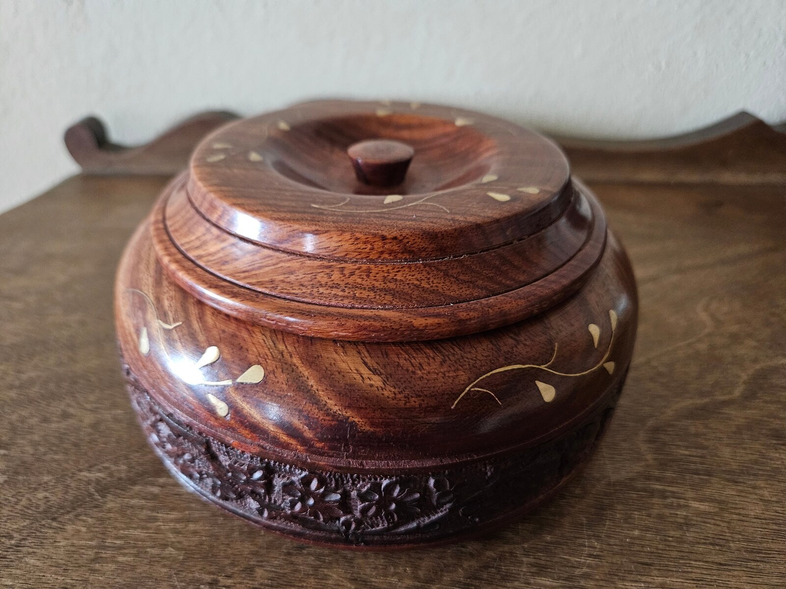 Ornate Carved Round Wooden Box with Brass Inlay