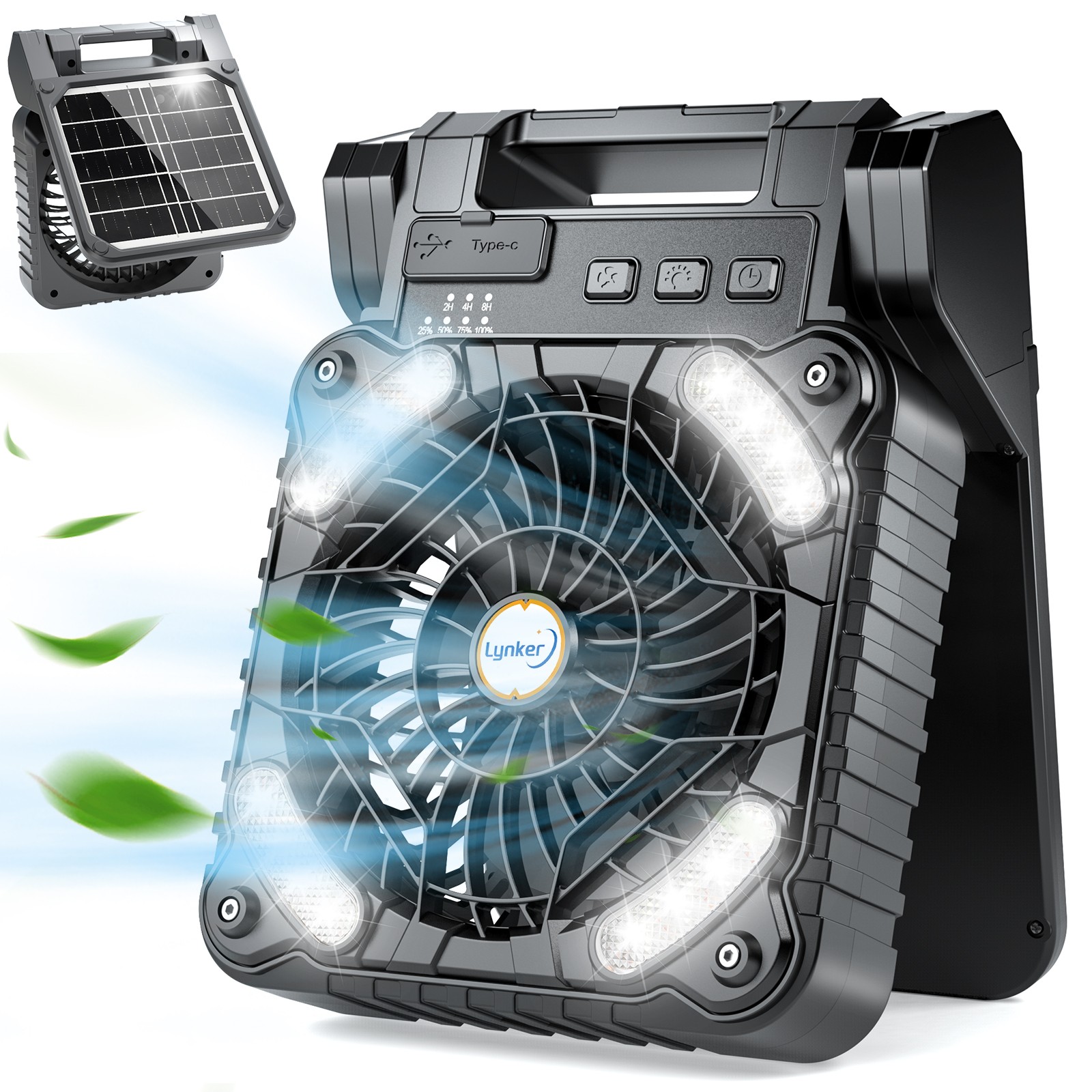 Solar Camping Fan with Light-20000mAh Rechargeable Portable, 4 Speeds, Black