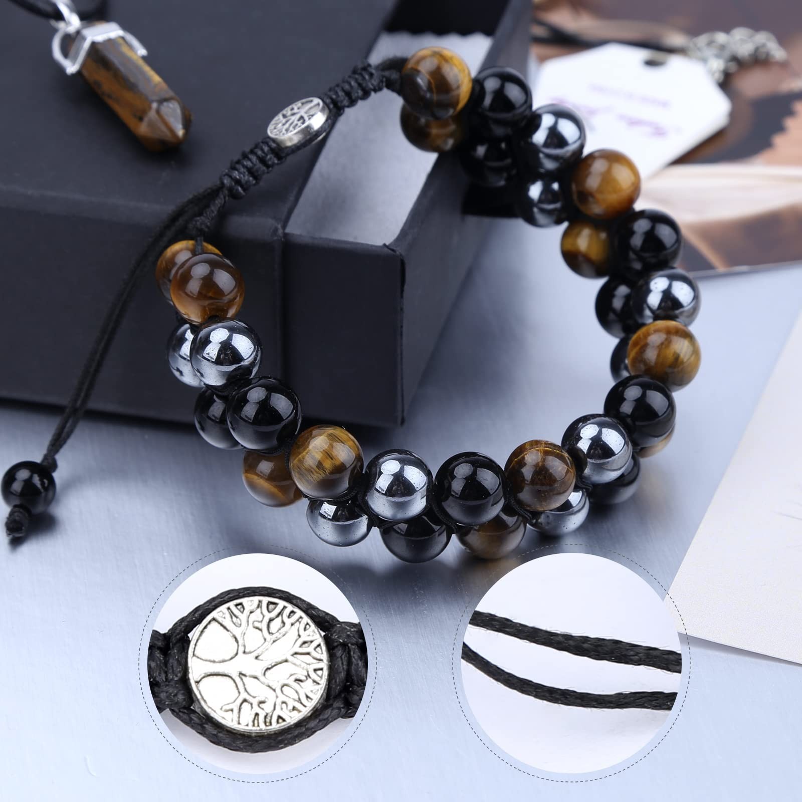 Handmade Triple Protection Bracelet 10mm Hematite Black Obsidian Tiger Eye St…