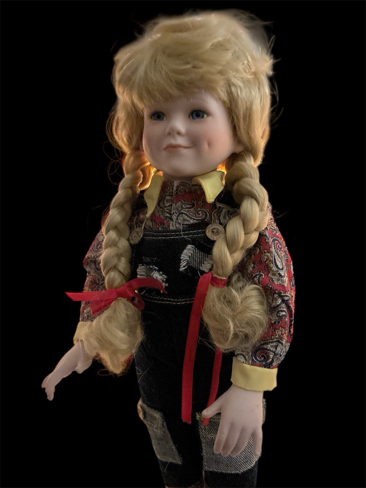 Haunted Porcelain Doll Creepy Spirit Vessel Blonde Braids Vintage Overalls