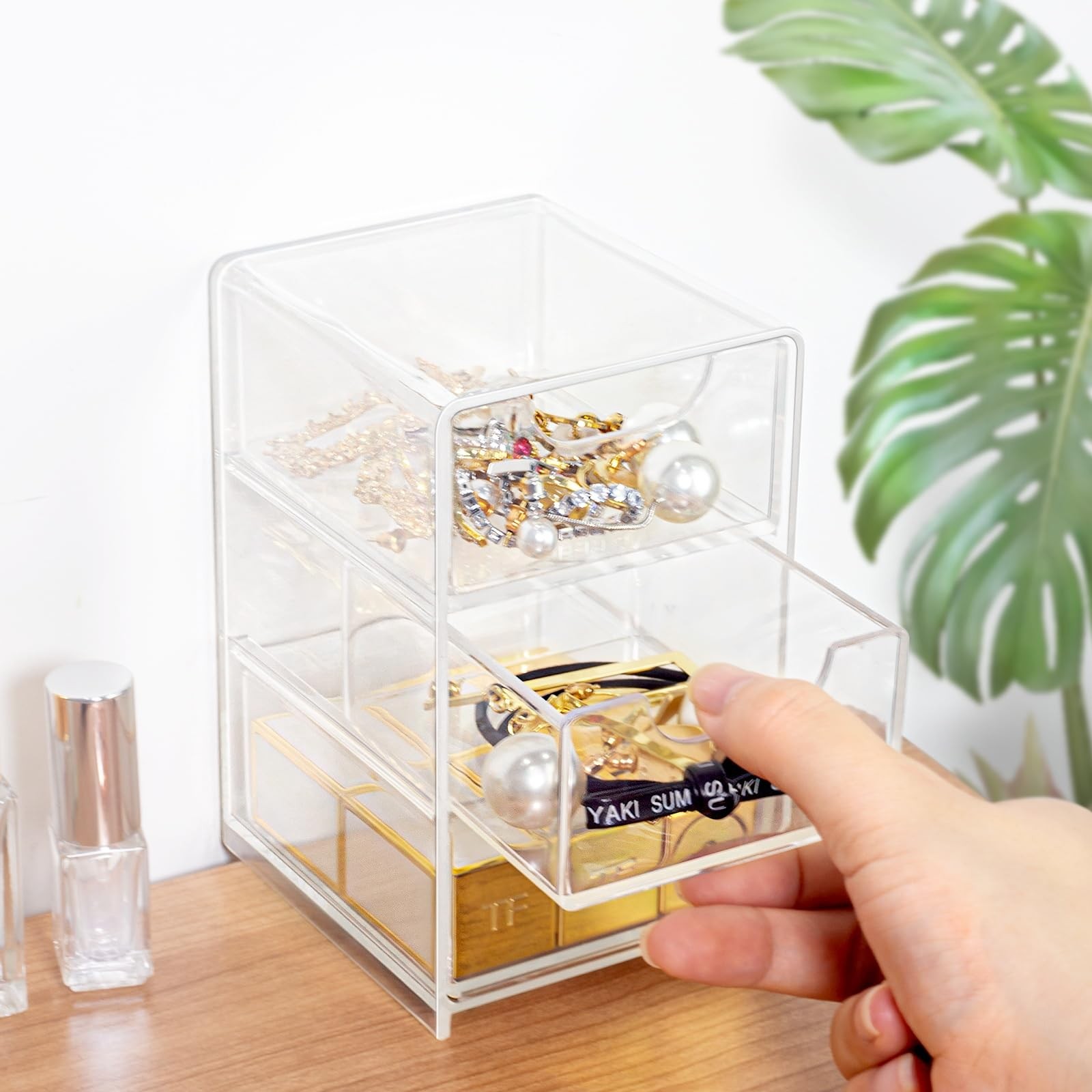 Small Desk Organizer with Drawer, Desktop 3 x 3.5 x 5 inches, Clear