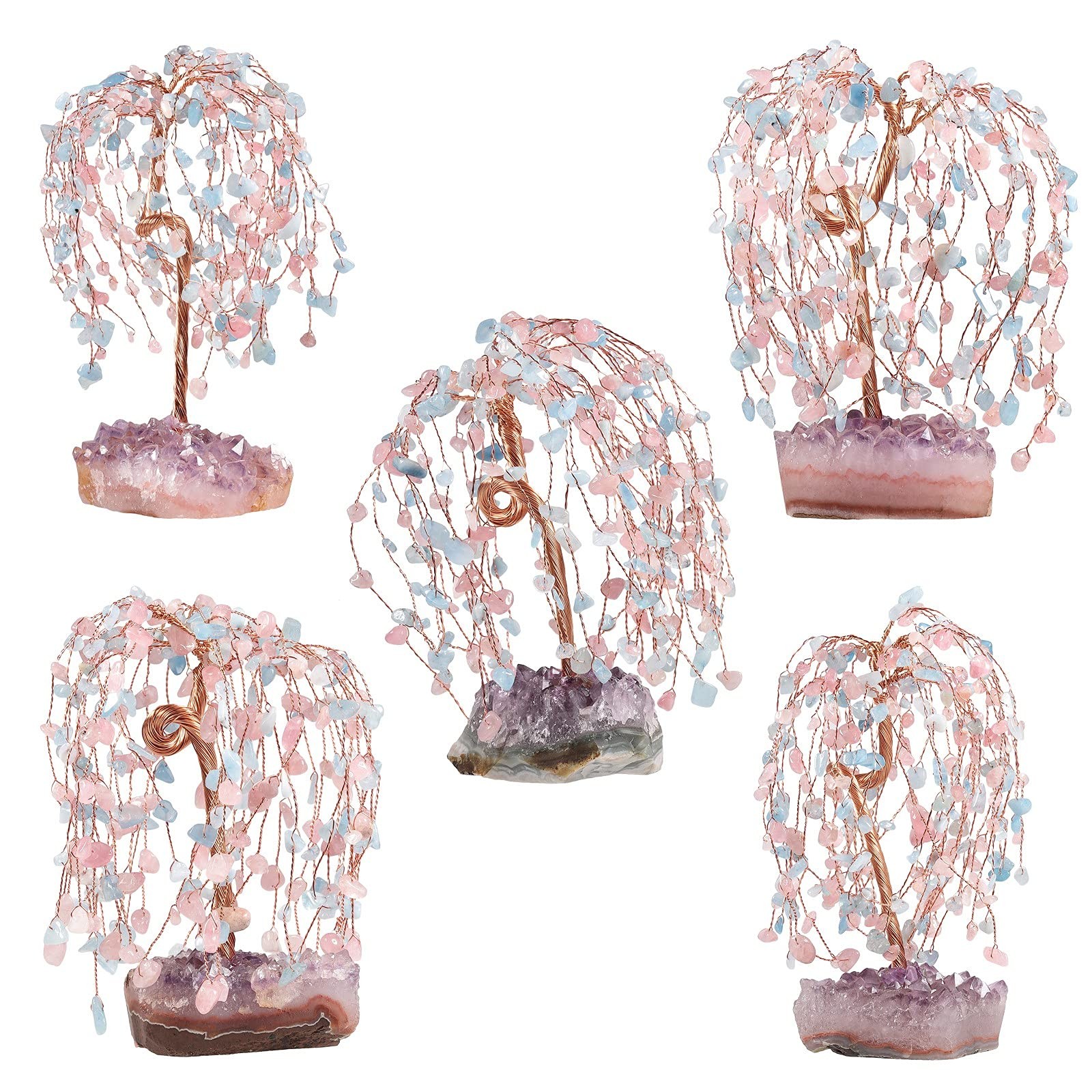 SUNYIK Rose Quartz and Aquamarine Healing Crystal Money Tree Set on Pink/Blue