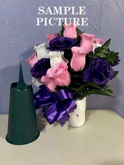 Cemetery Vase Memorial Silk Flower Arrangement Light Blue, White & Pink