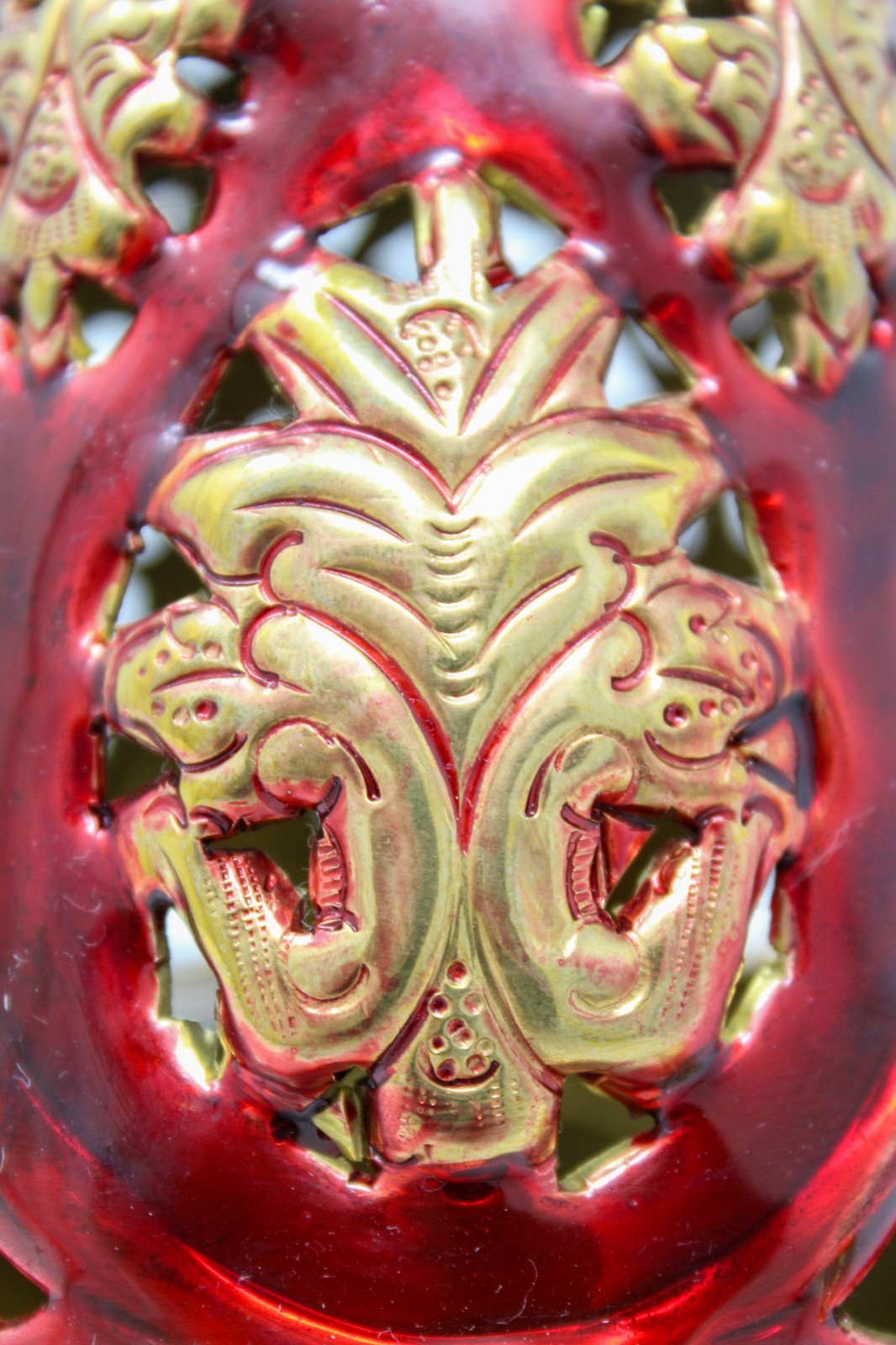 High Polished Brass Ornate Floral Red Enameled Incense Burner Censer 12.4 In