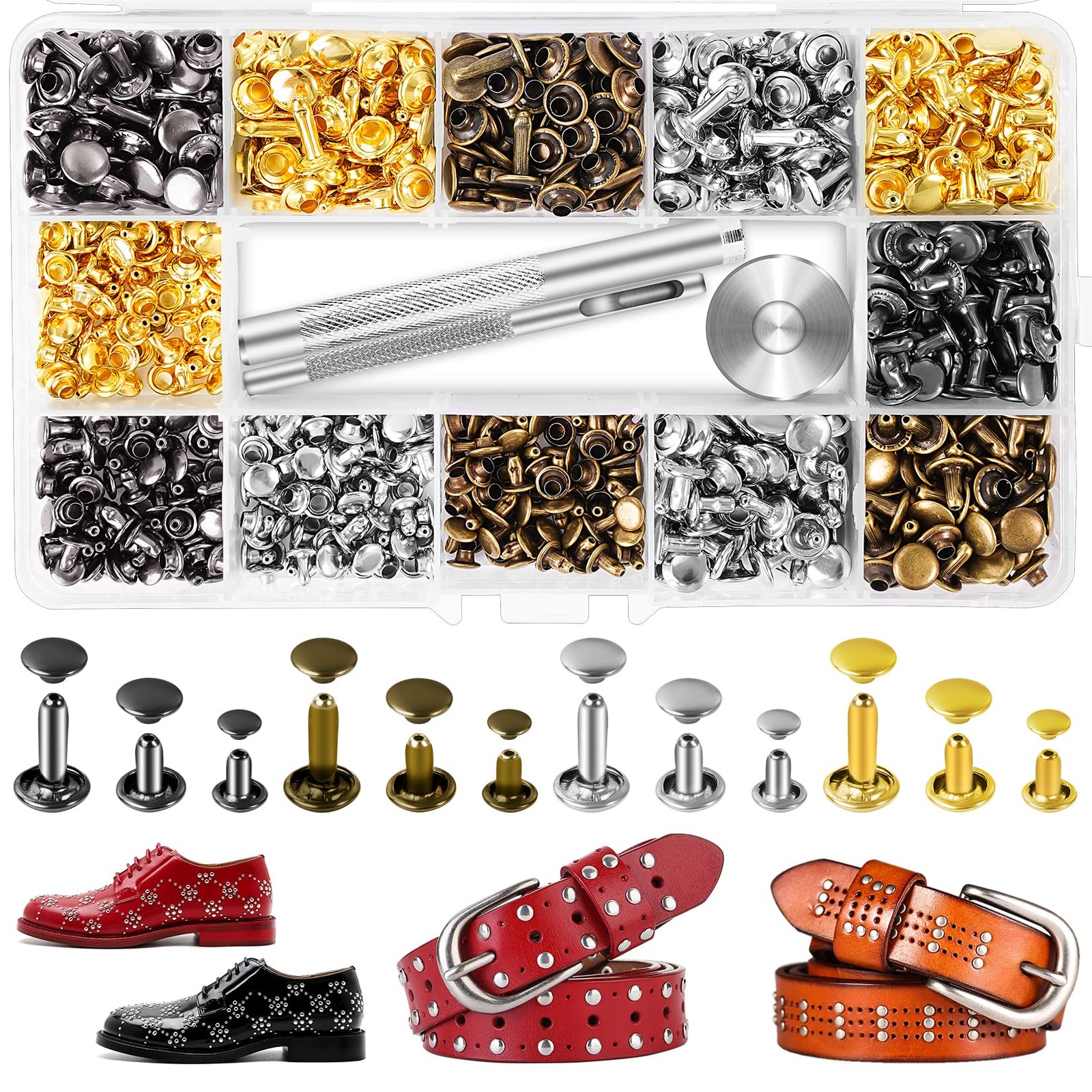 240 Sets Leather Rivets Kit, Double Cap 240 Pack, Gold-Silver-Bronze-Black