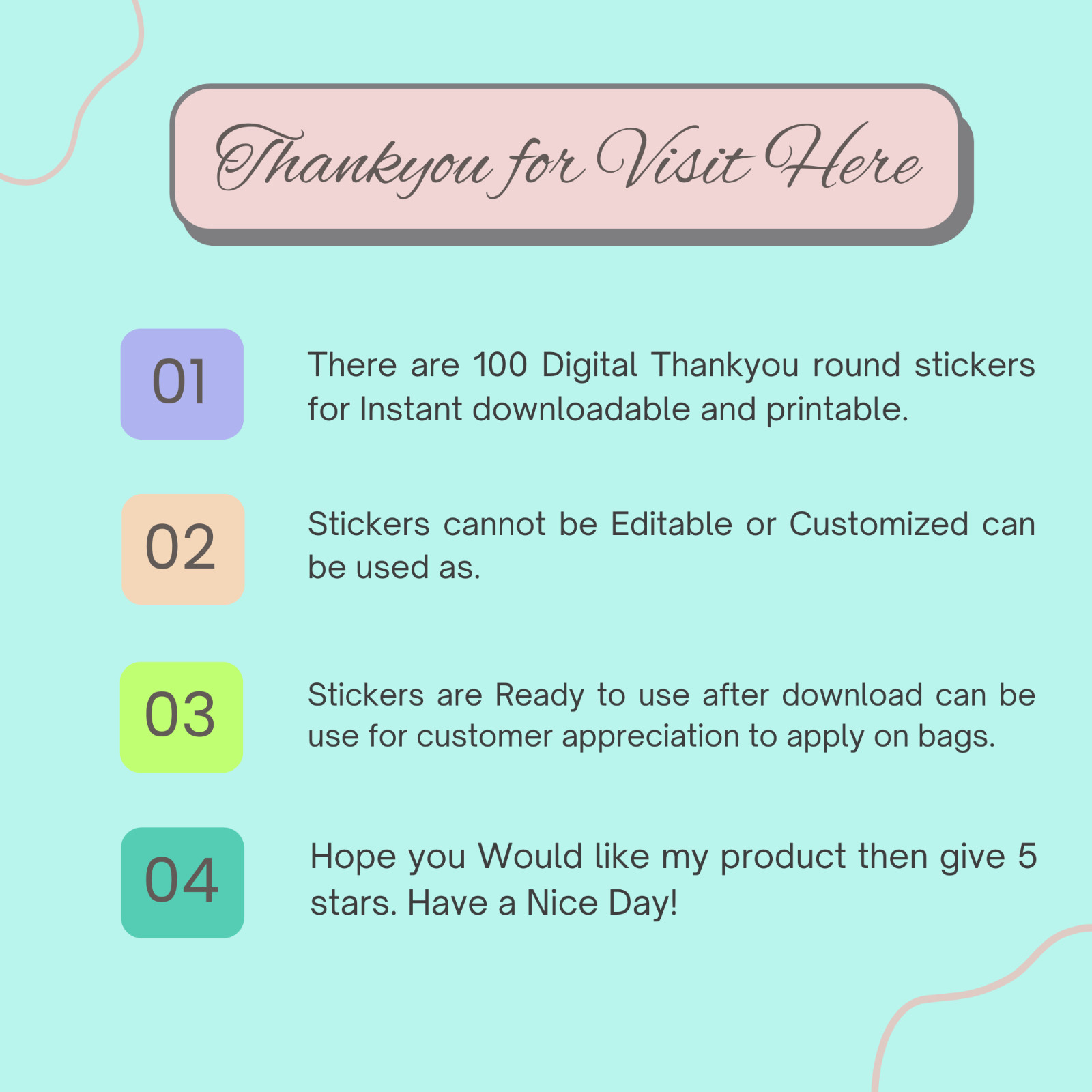 100 Bundle of Digital PDF Non Editable Thankyou stickers Thankyou Downloadable