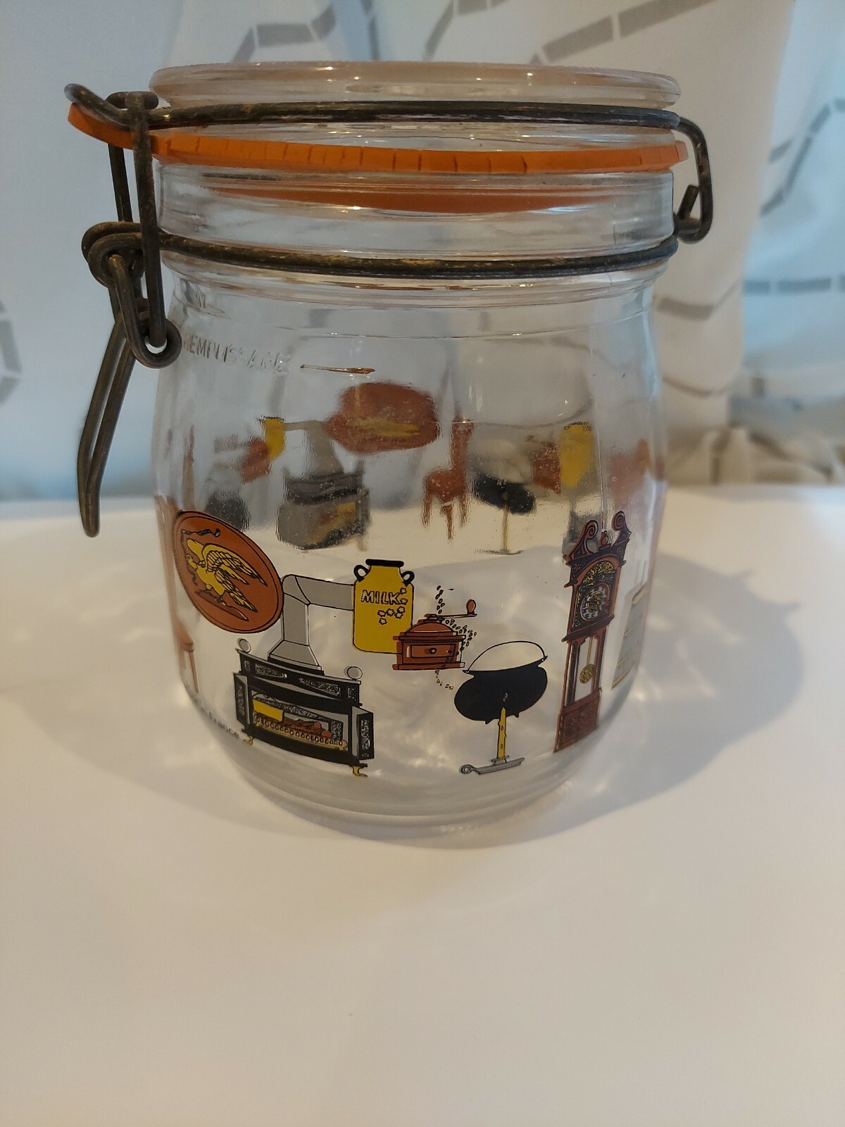 Glass Canister Hinged Lid American Folk print with cauldrons and candles Vintage