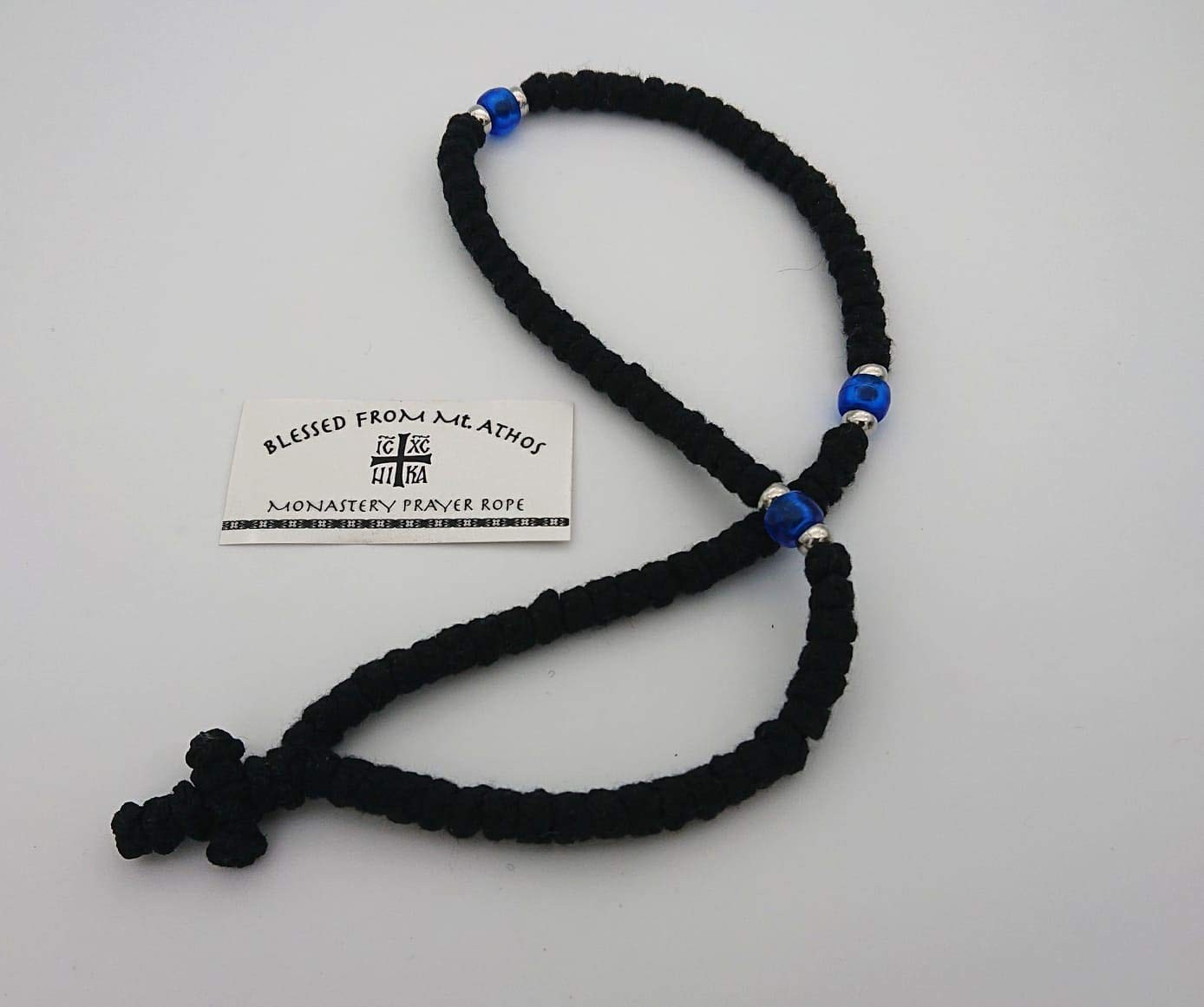 100 Knots Prayer Rope Greek Russian Komboskoini Black with Blue Beads Mt Athos
