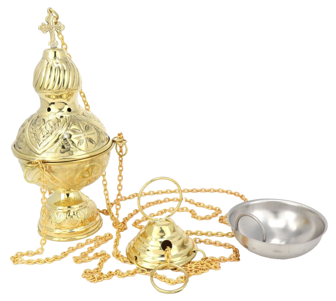 Polished Brass Hanging Incense Burner Embossed Cross Censer Without Bells 9 In