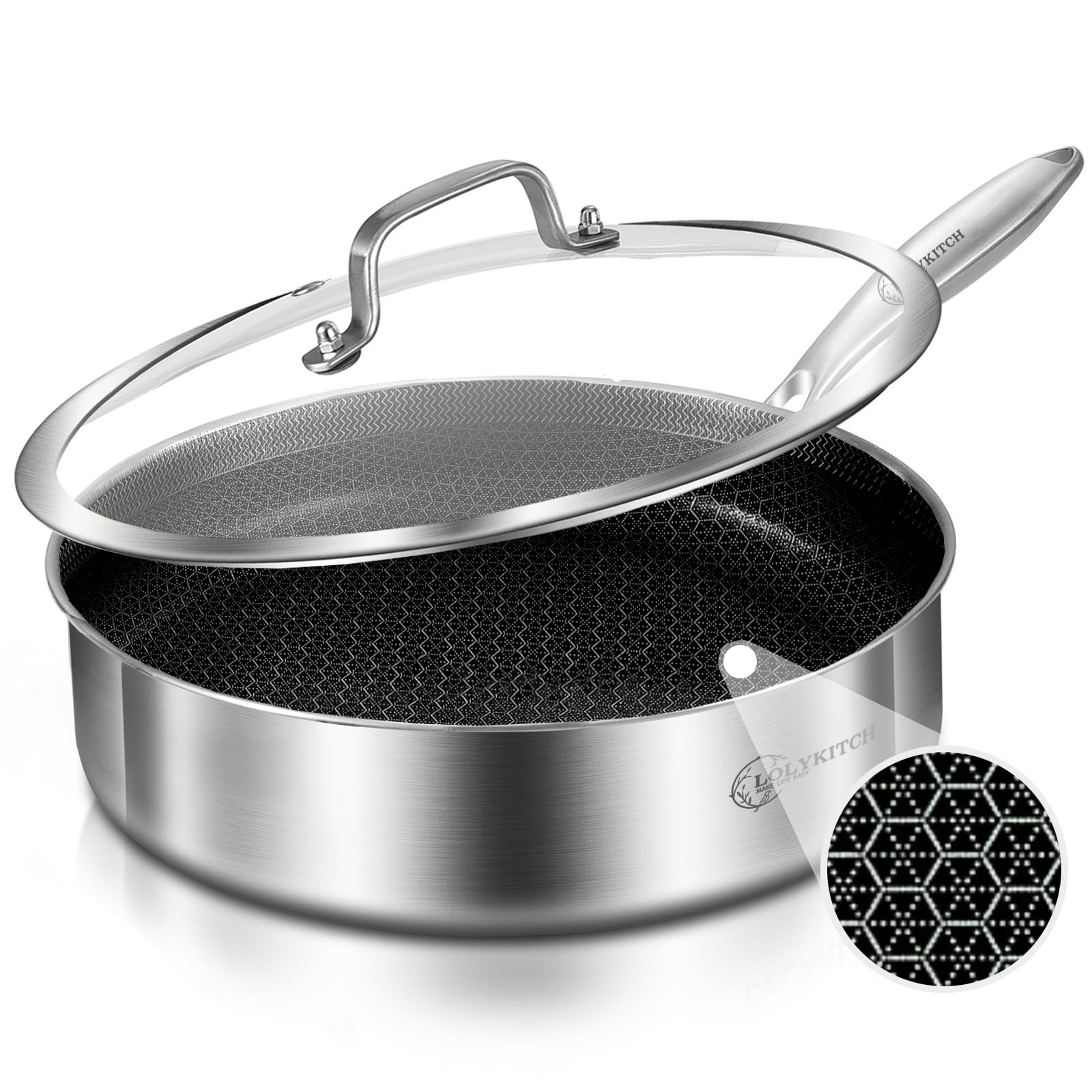 LOLYKITCH 3 Quarts Hybrid Stainless Steel Nonstick Sauté Pan,Skillet,10 Inch Ind
