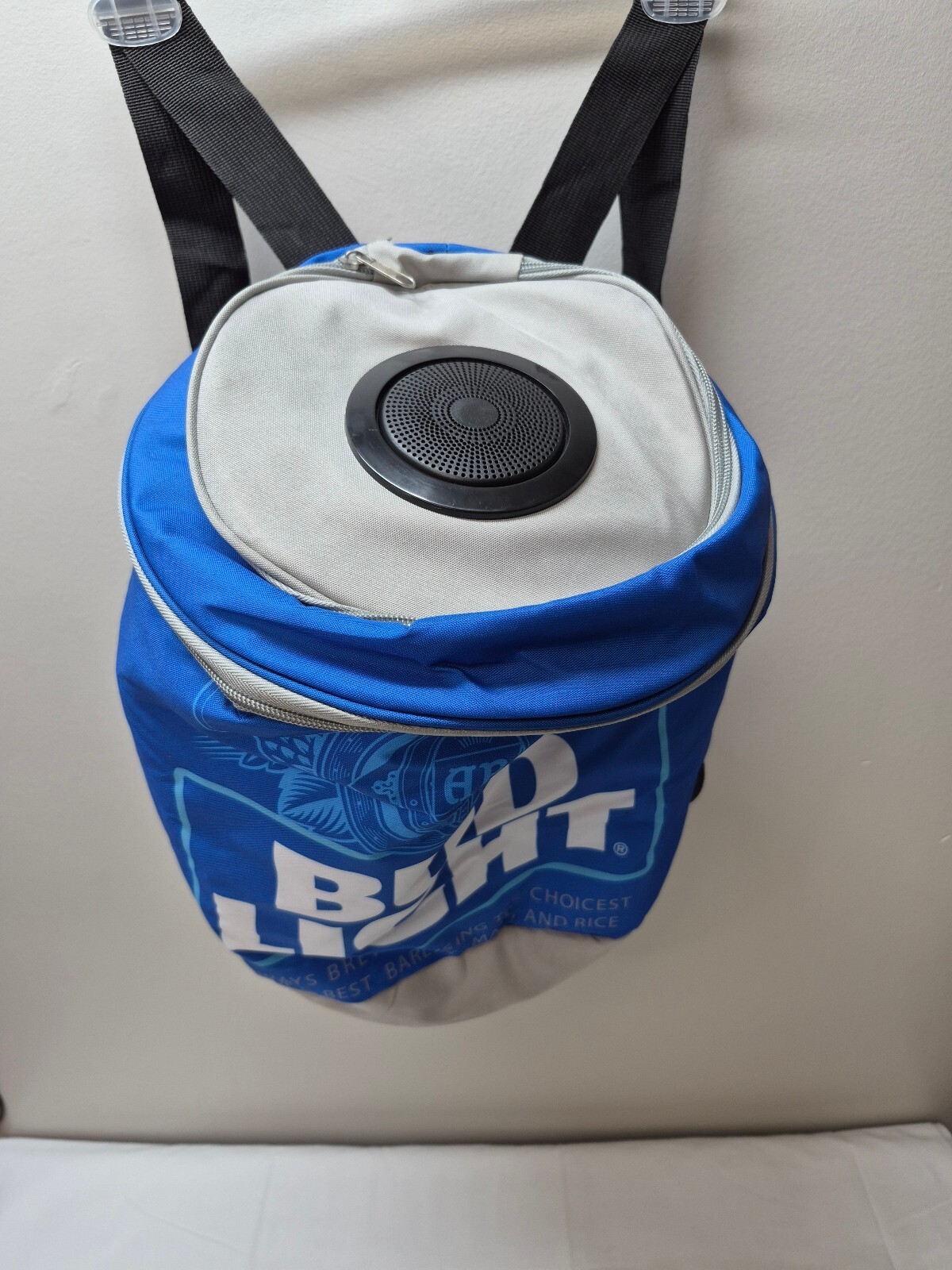 Bud Light Branded Blue and Gray Backpack Cooler with Built-in Speaker B427