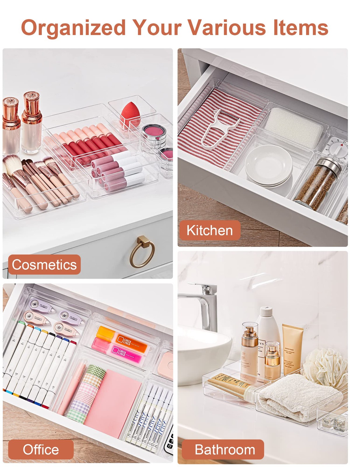 SMARTAKE 13-Piece Drawer Organizer with Non-Slip Silicone Pads, 13 PCS, Clear