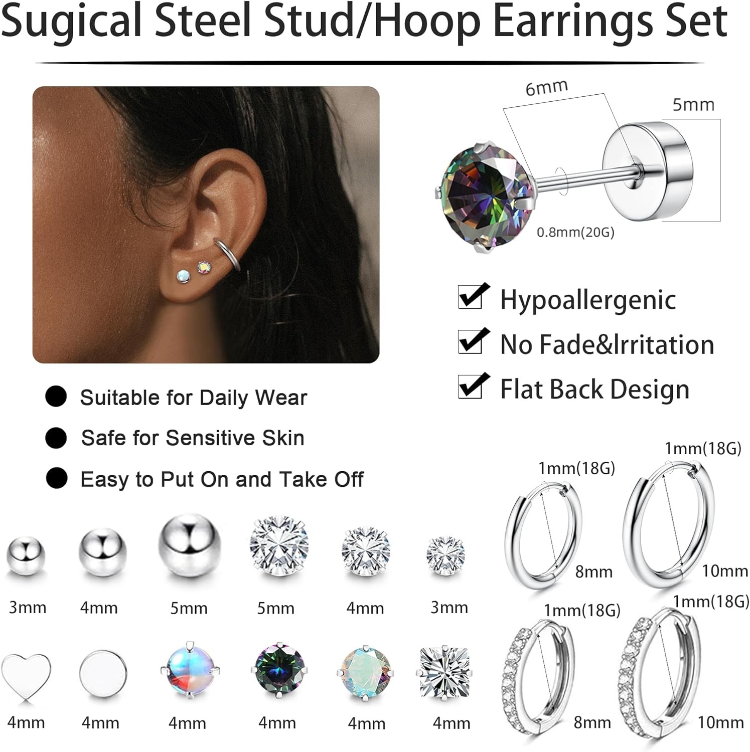 16 Pairs Surgical Steel Flat Back Earrings Set for Multiple Piercing Silver
