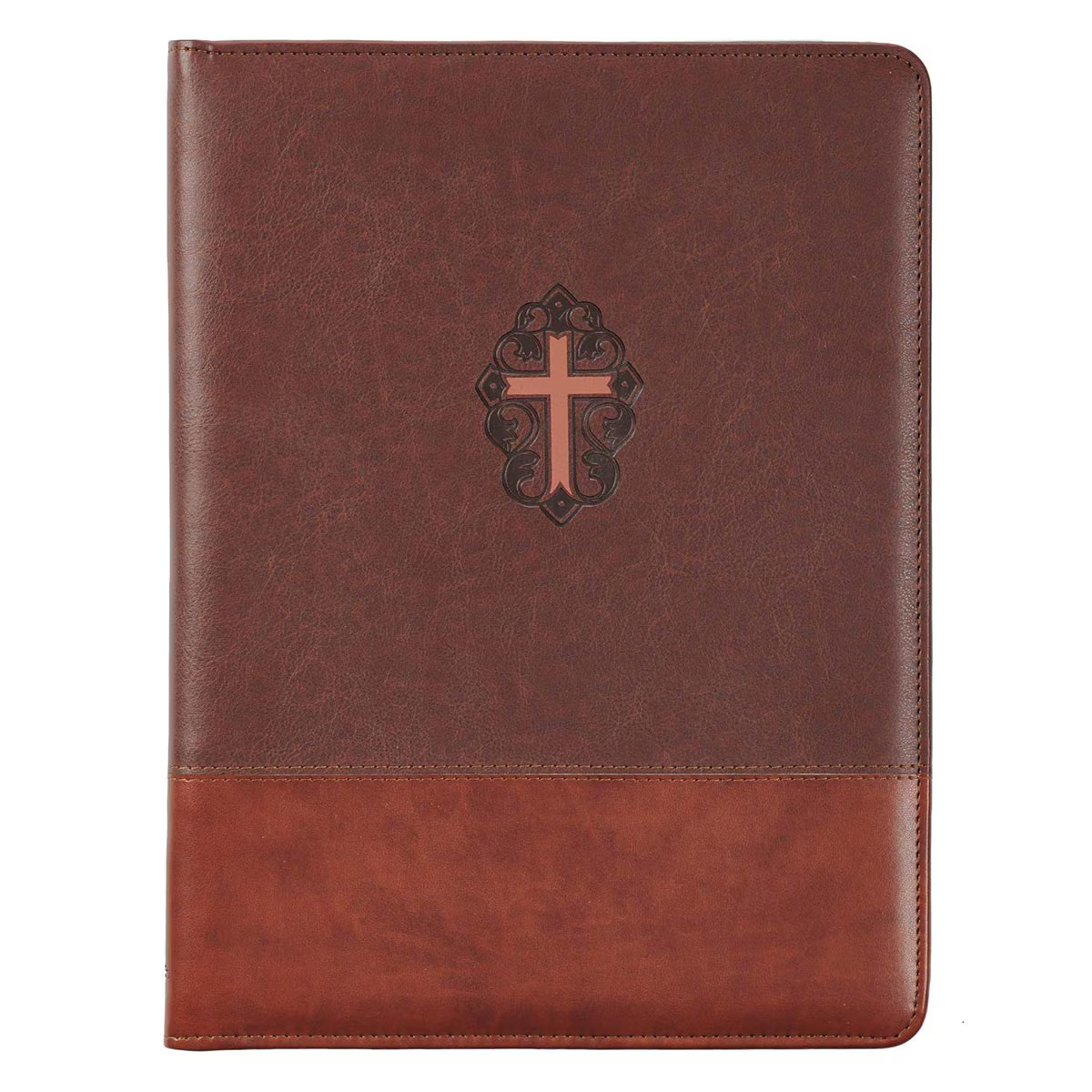 John 3:16 Cross Two-Tone Zippered Brown Faux Leather Padfolio/Portfolio Folder