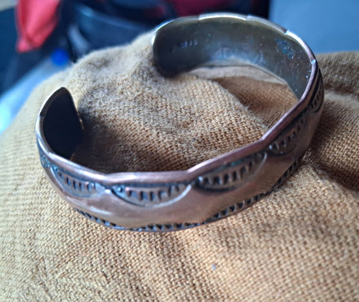 Vintage etched Native cuff bracelet 14g Sterling, unknown maker