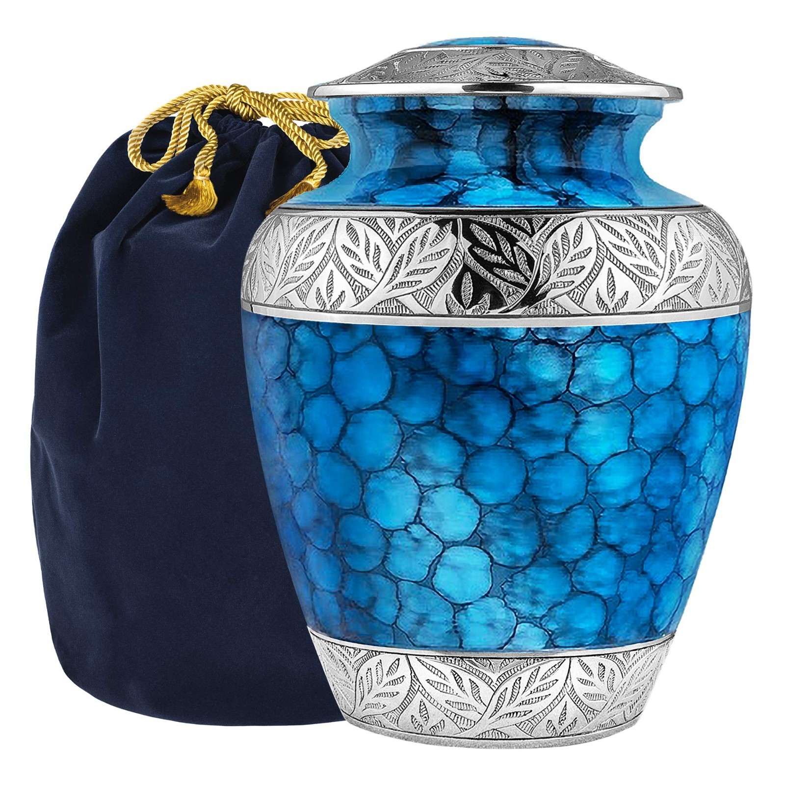 Large Light Blue Decorative Cremation Urn for Adult Ashes, Silver Lining, Memori