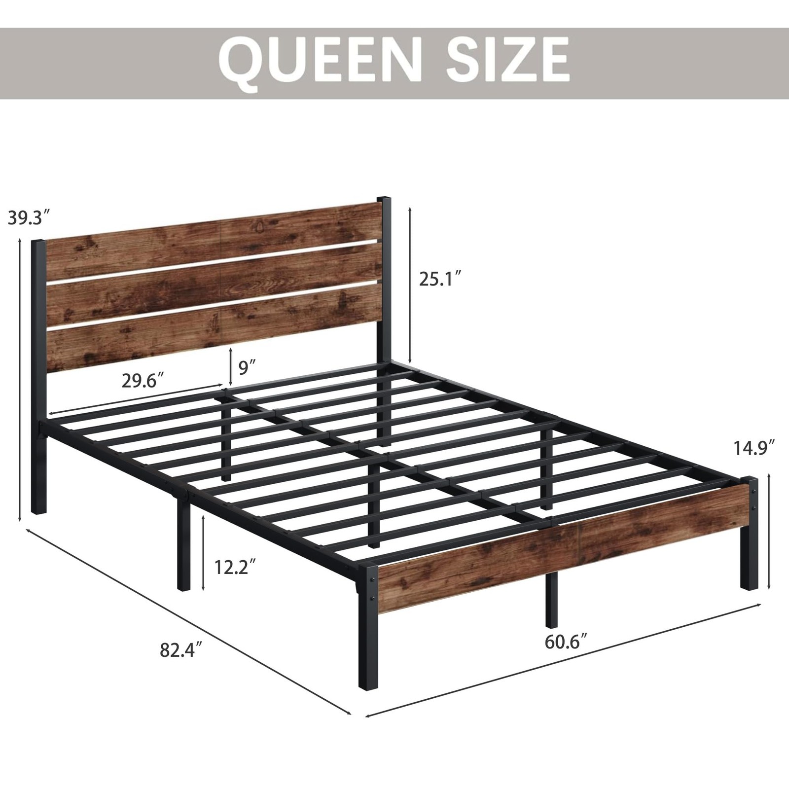Fluest Queen Bed with Headboard and Footboard, Under Queen, Retro Brown