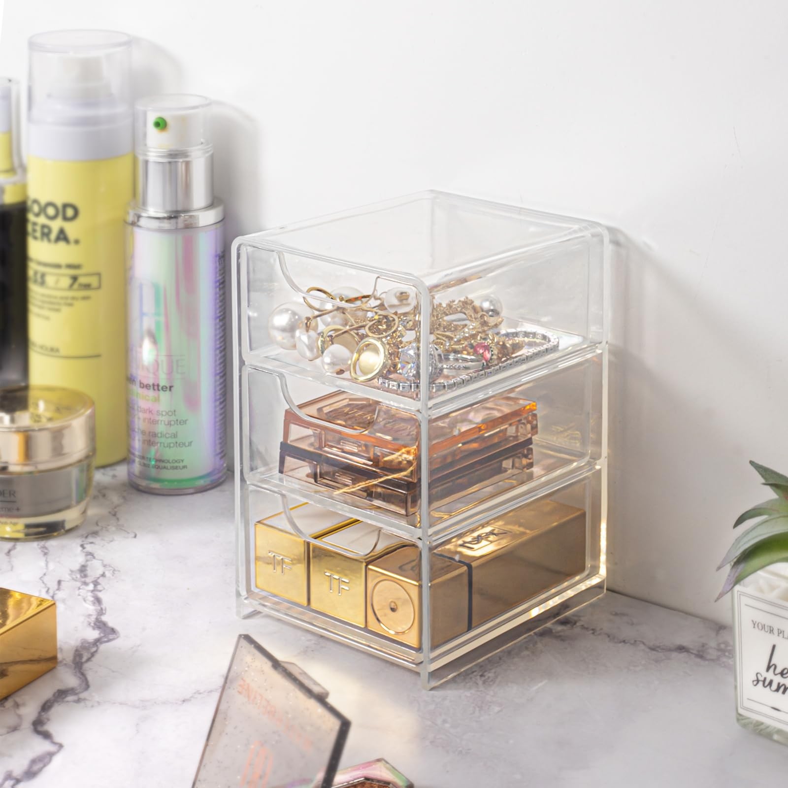 Small Desk Organizer with Drawer, Desktop 3 x 3.5 x 5 inches, Clear