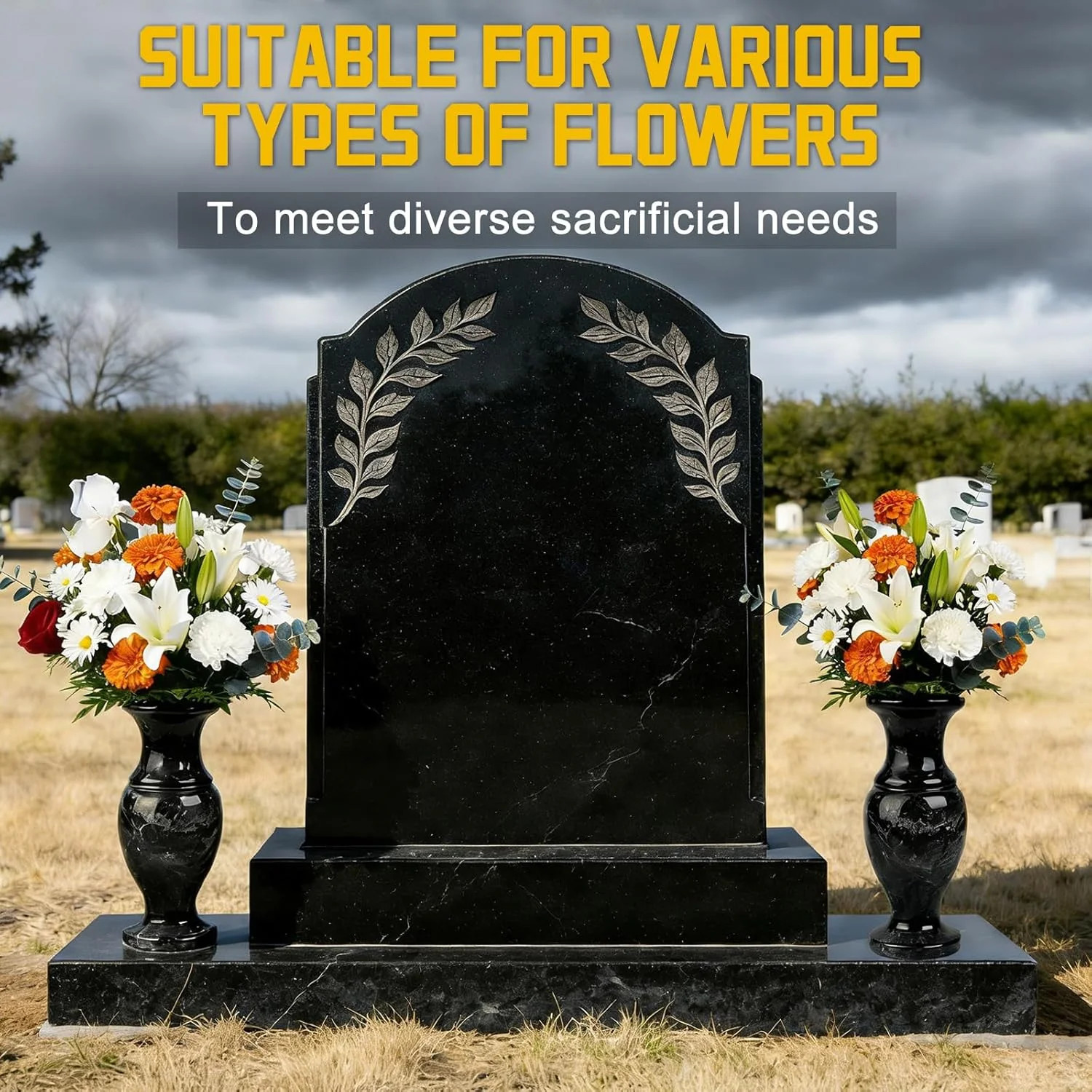Heavy Duty Natural Marble Cemetery Vase for Grave Site – Solid Stone Headstone P