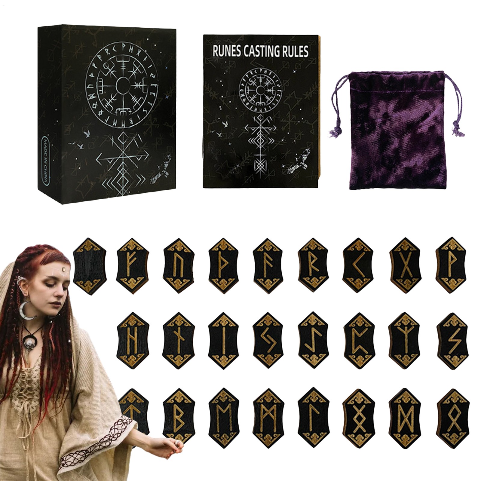 Wooden Rune Set Divination Wood Runes With Guide Carved Meditation Tool With Bag