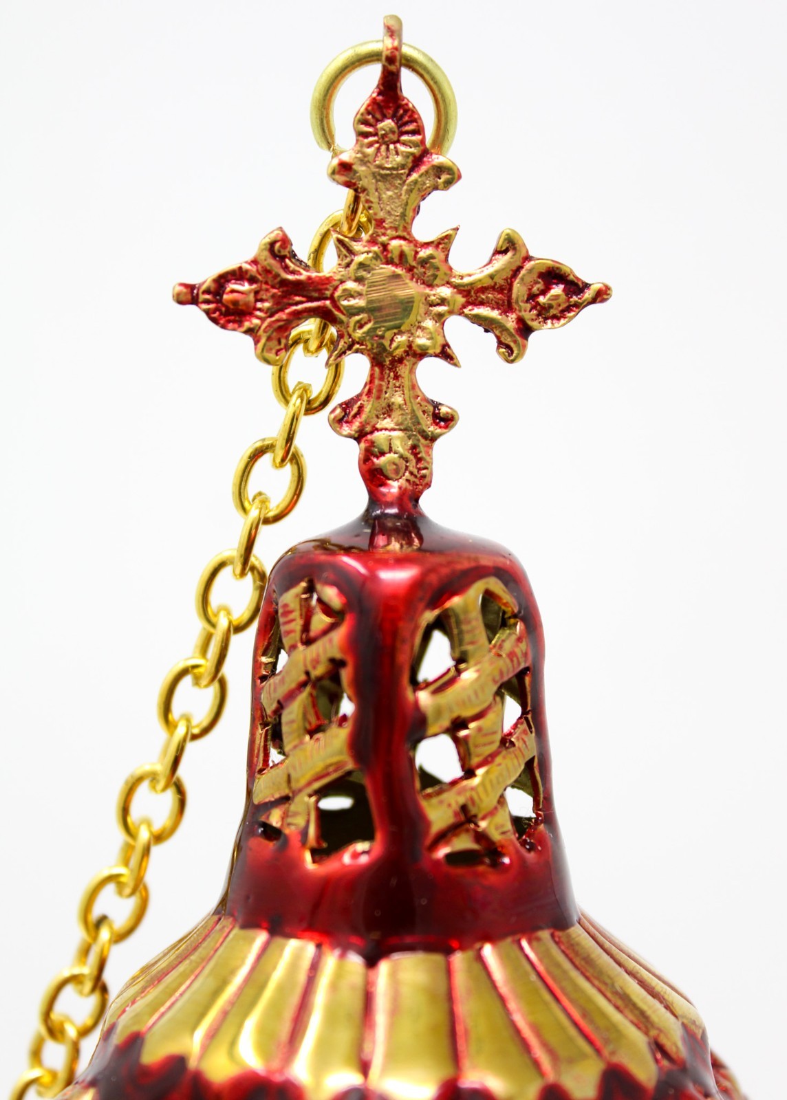 High Polished Brass Ornate Floral Red Enameled Incense Burner Censer 12.4 In