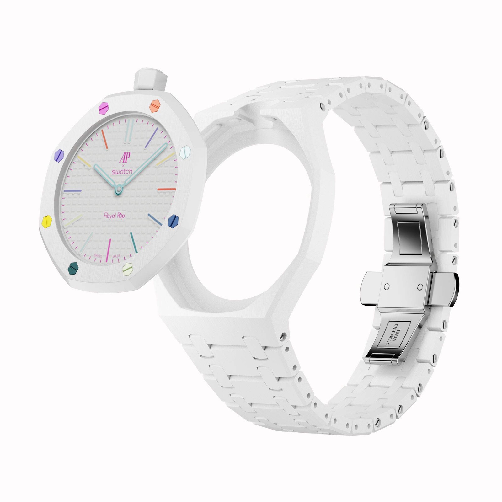 AP x Swatch Royal Pop Integrated Link Bracelet Band – Arctic White – Vertical Cr