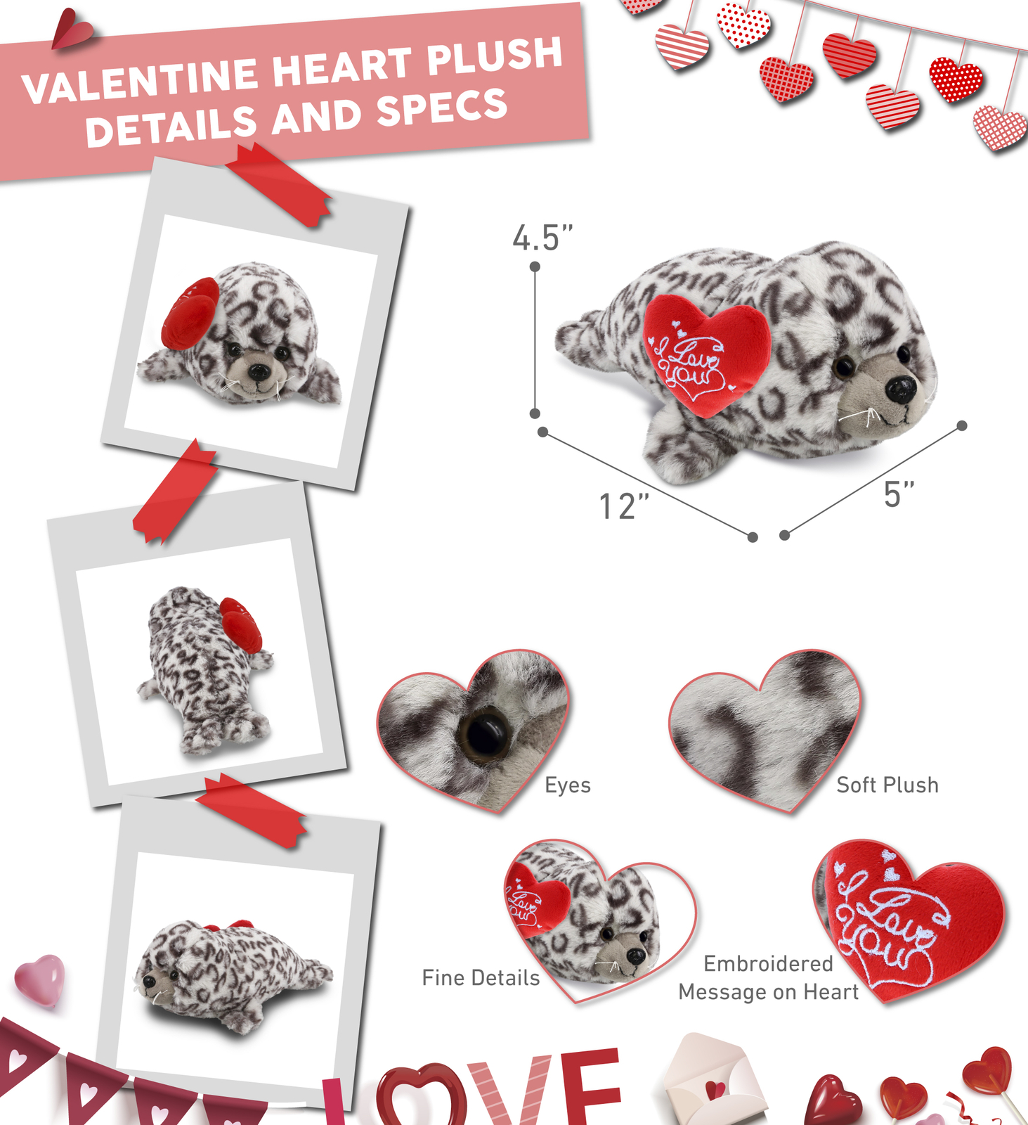 DolliBu I Love You Valentine Plush Cute Seal with Red Heart – 12 Inches
