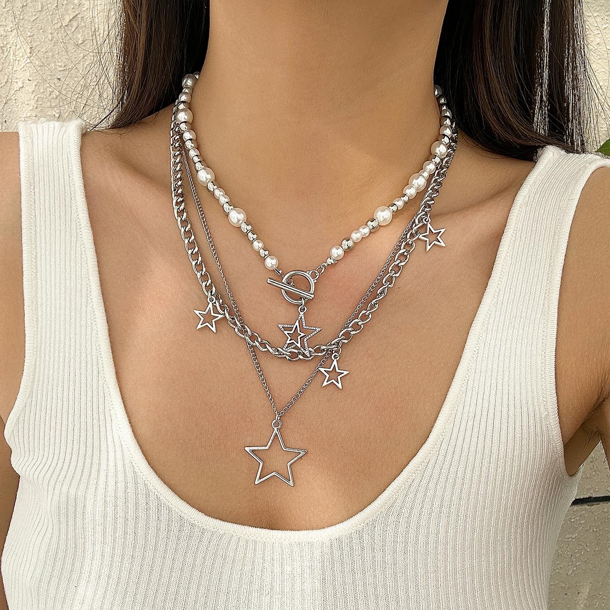 Inactwin Star Y2k Silver Necklace Grunge Layered 15.7 inches, 3pc -2
