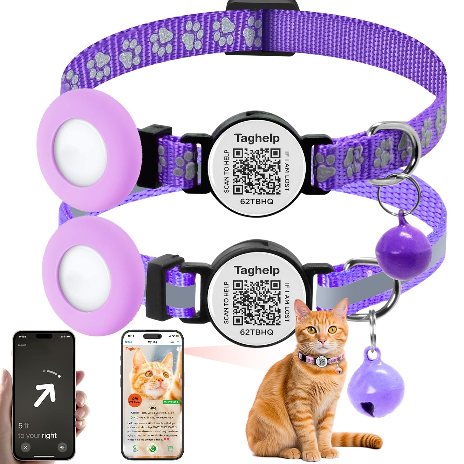 2 Pack with Integrated AirTag Holder, reflective strip & Paw pattern – Purple