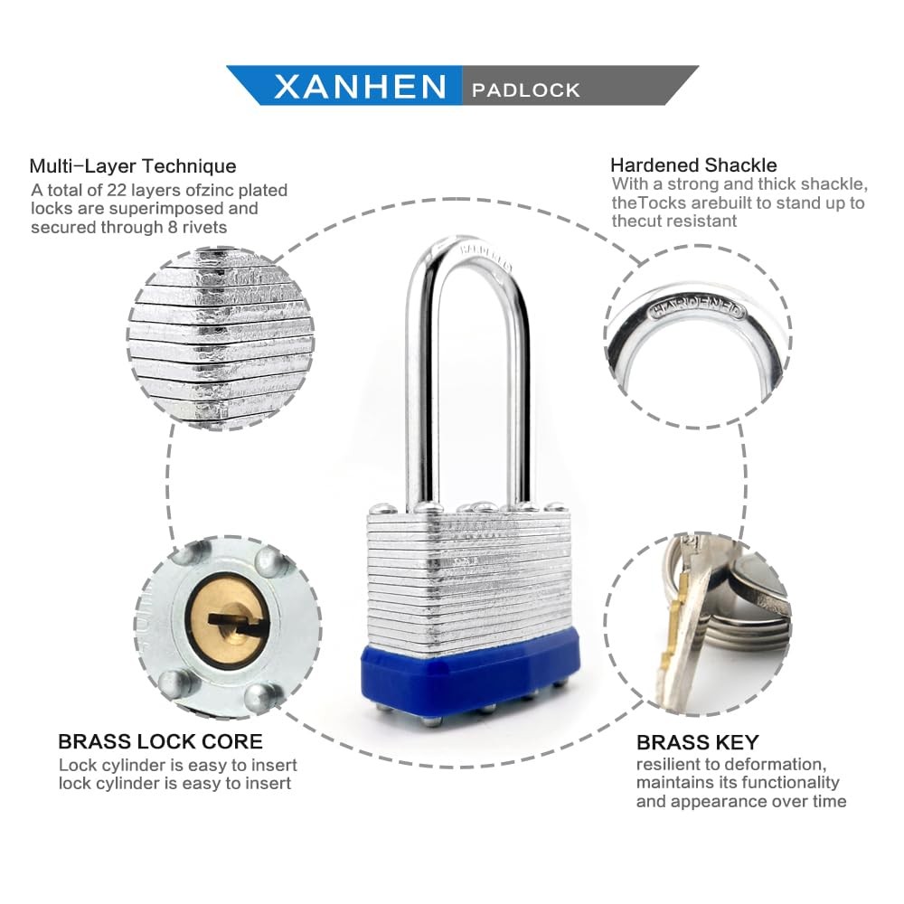 Lock Outdoor Padlocks, Key Lock, Padlocks with 6 Pack Blue, 6 PACK Long Blue