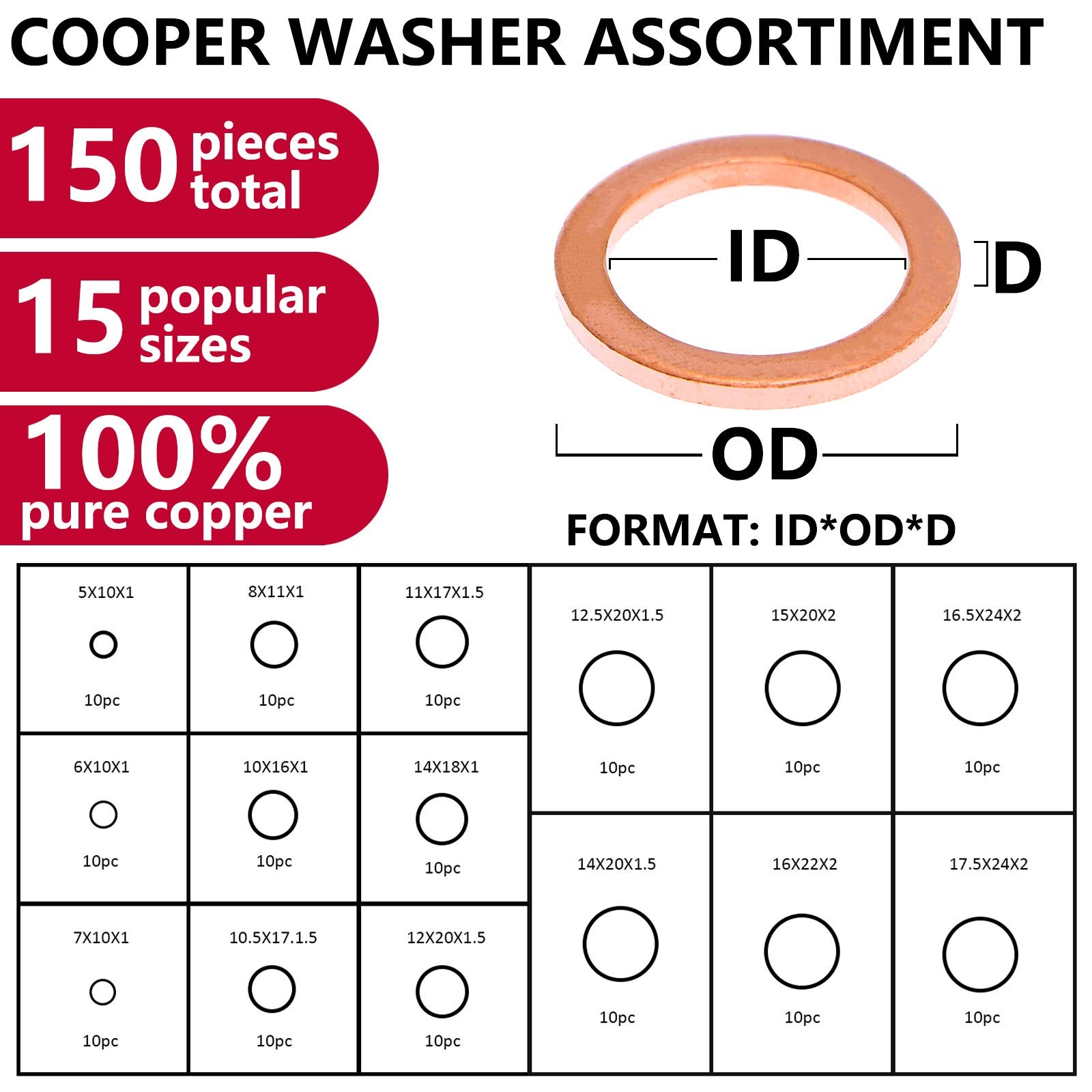 Toolwiz 150PCS 15 Sizes Copper Washers Metric Sealing 5mm to 17.5mm,