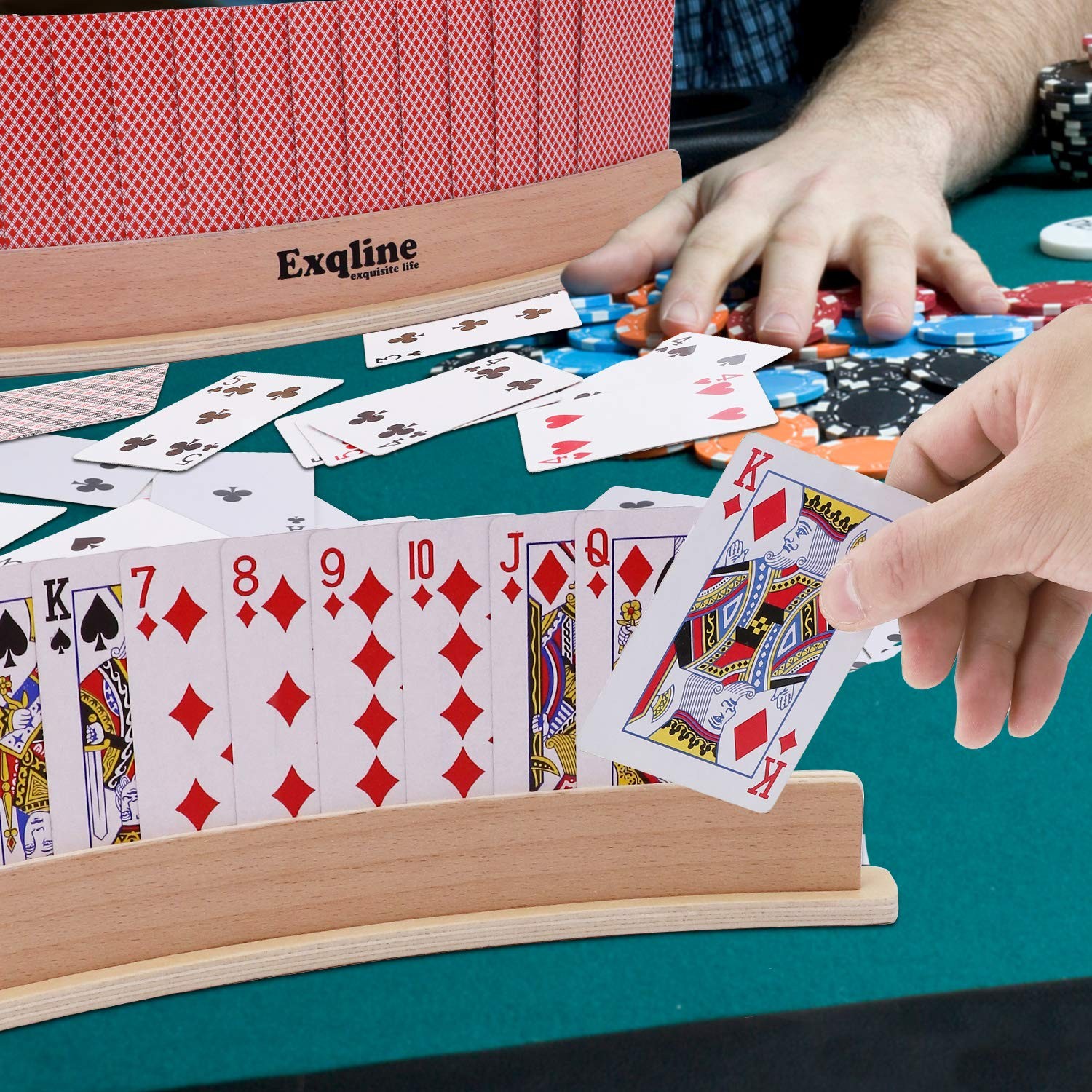Exqline Wood Curved Playing Card Holder Racks Tray Set of 4 for Medium, Beige