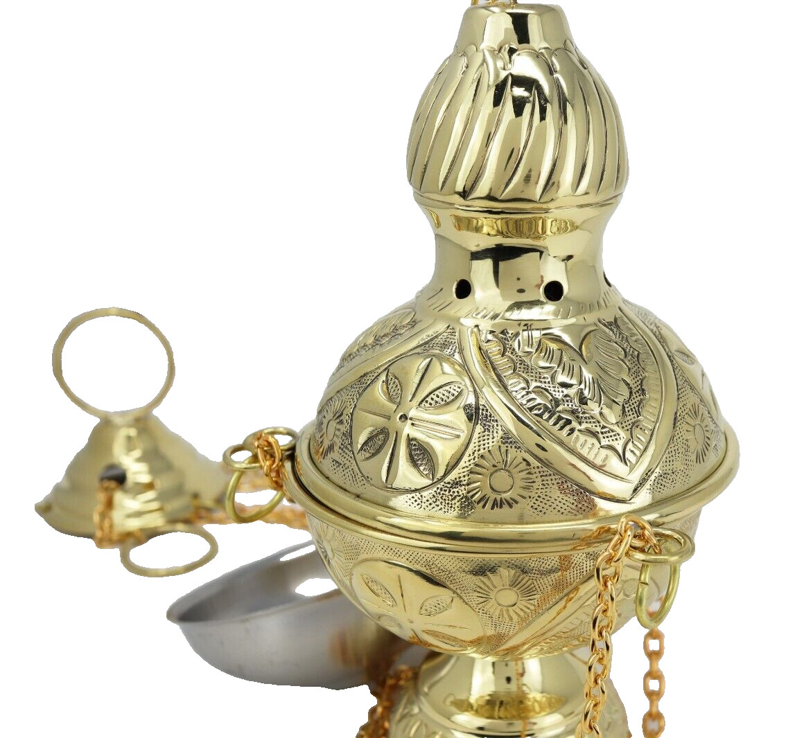 Polished Brass Hanging Incense Burner Embossed Cross Censer Without Bells 9 In