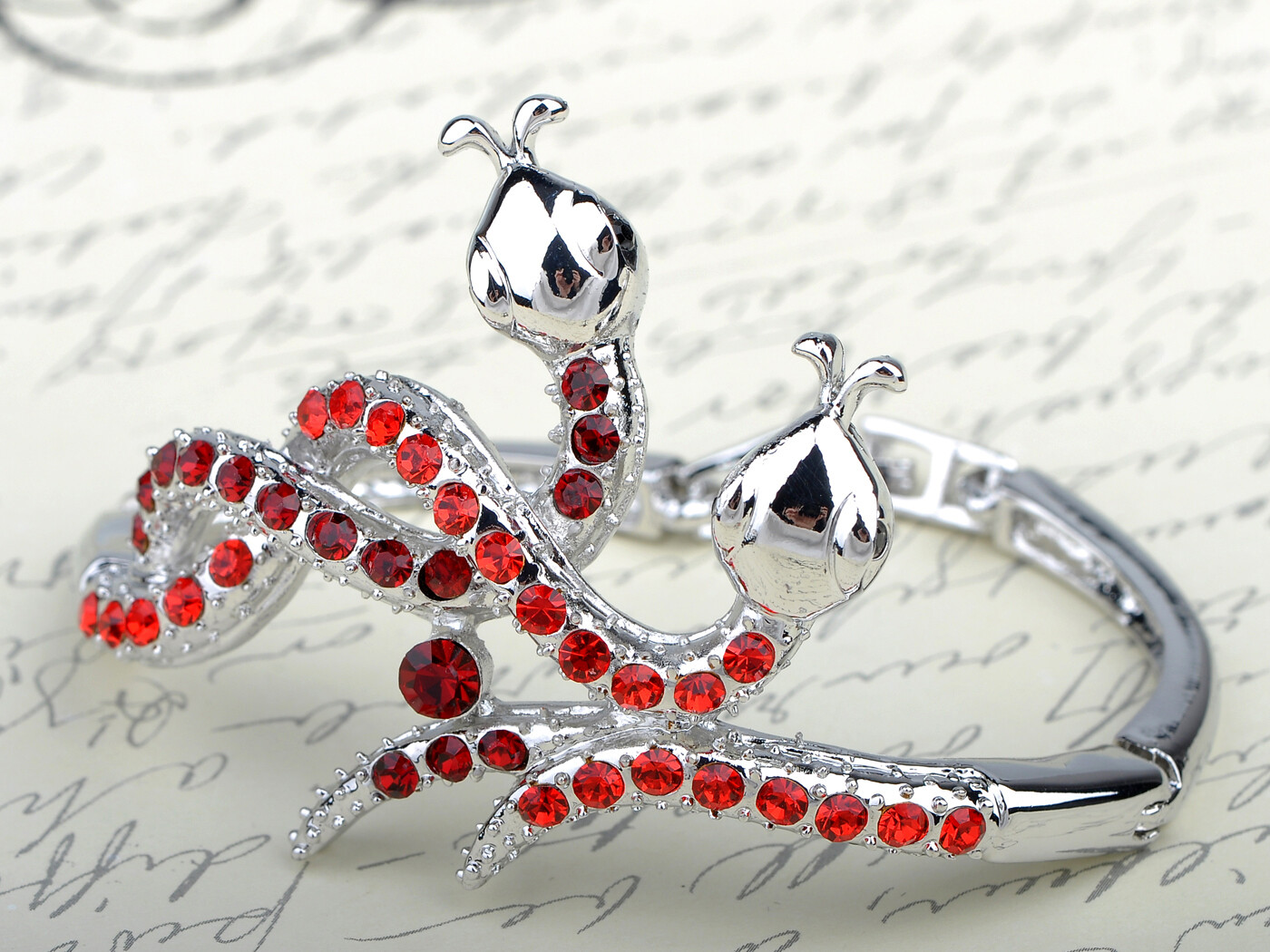Silver Tone Metal Alloy Red Rhinestone Twin Serpents Snake Cuff Bracelet Bangle