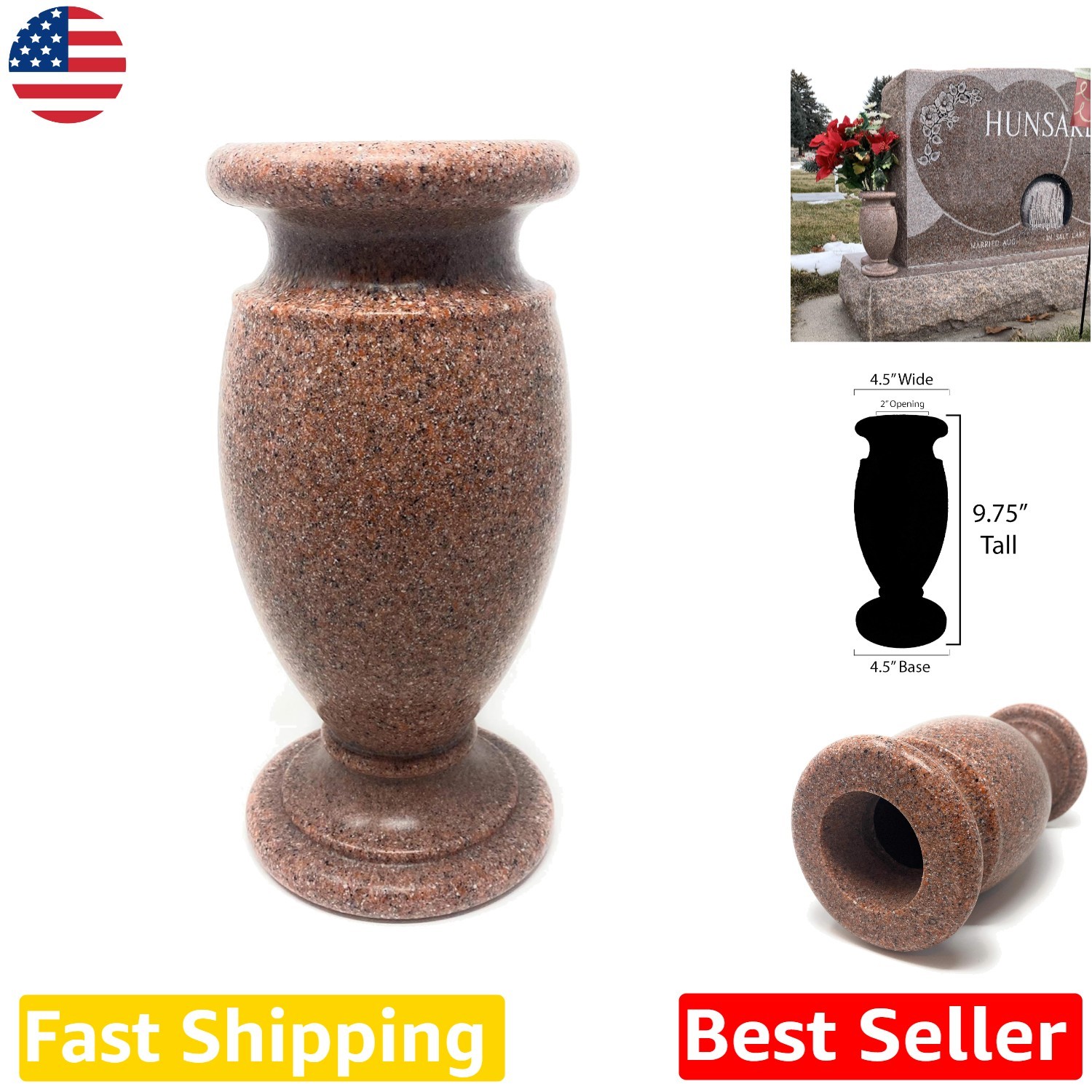 USA Made Cemetery Flower Vase – Durable Pink Granite Plastic, Metal Spike Holder