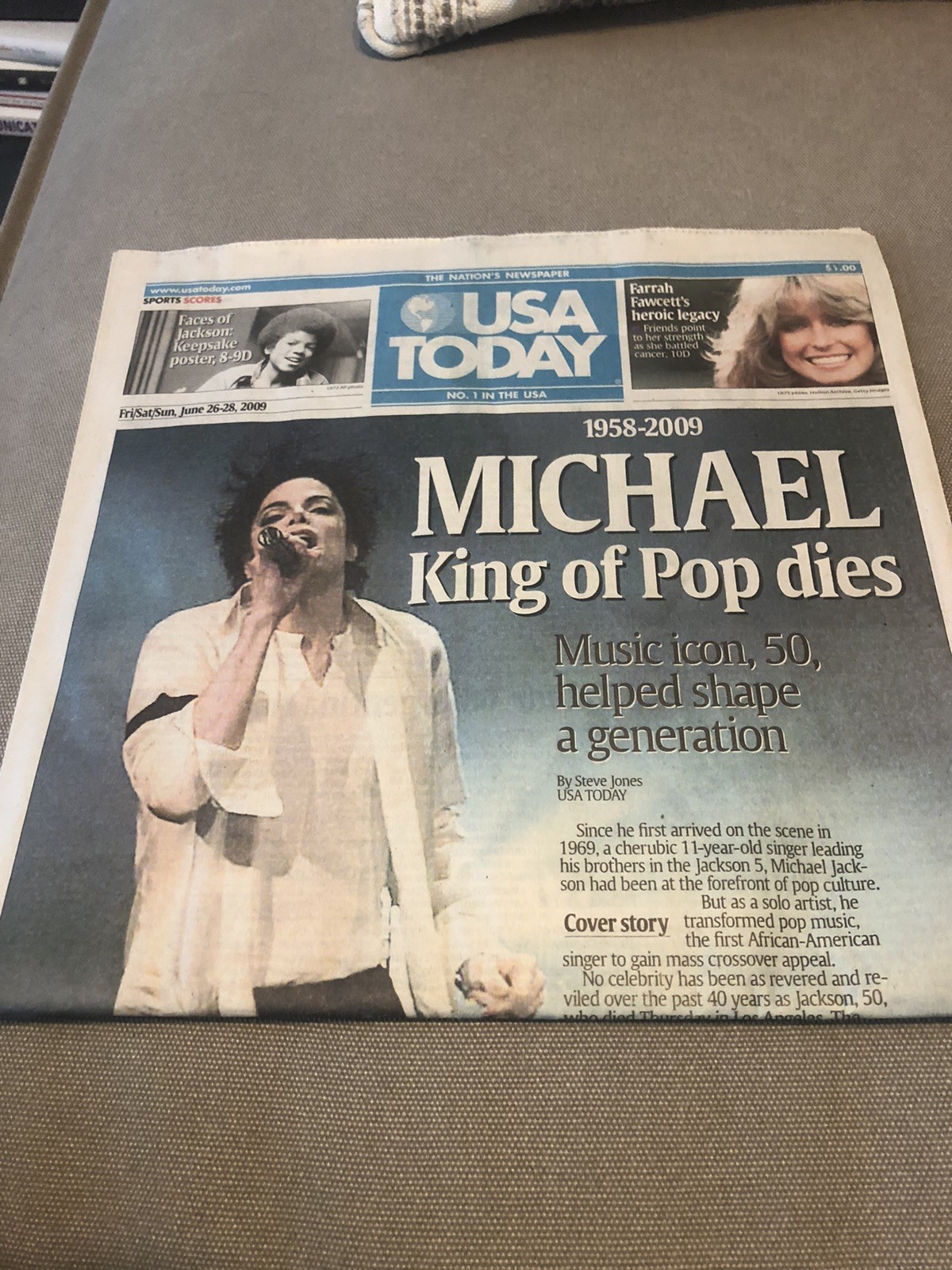 MICHAEL JACKSON USA TODAY NEWSPAPER JUNE 26, 2009 Farrah Fawcett Whole Paper