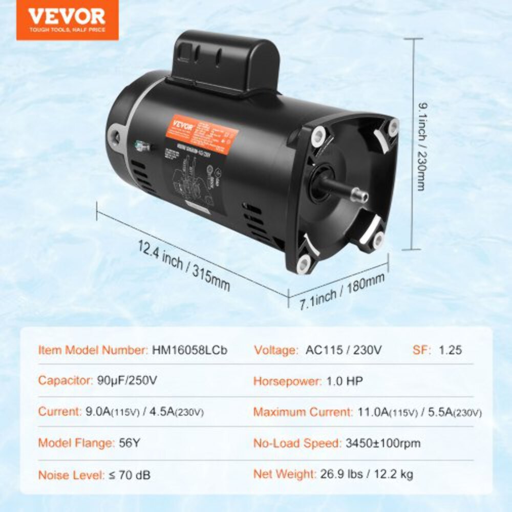 1 HP Pool Pump Motor 56Y Frame 115V(9 Amps)/230V(4.5 Amps) 3450RPM 60Hz