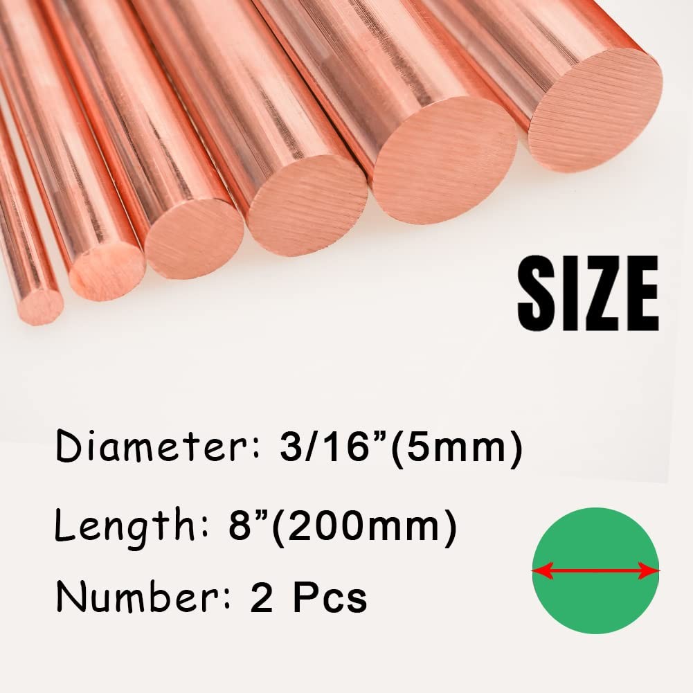 2Pcs Pure Copper Round Rod 3/16″(5mm) Dia 7.87″ Length Bare Cu Metal for Craft