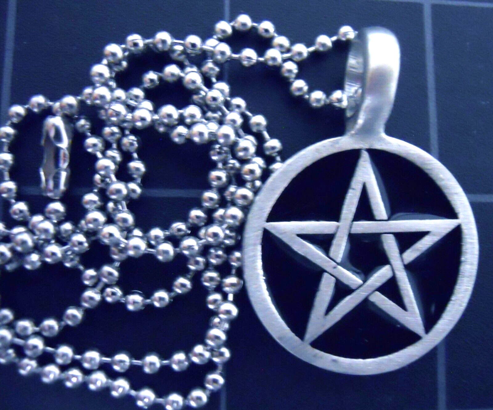 Necklace PENTAGRAM Pendant Stainless Steel Ball Chain New Black Enamel Pentacle