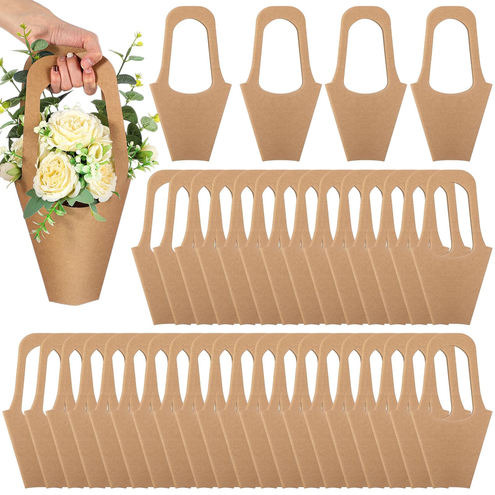 Gilprop 100 Packs Kraft Paper Flowers Gift Bags with Handle Flowers Bouquet Hold