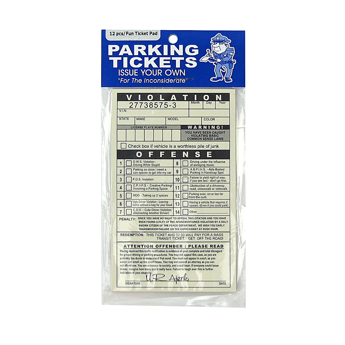 Fake Parking Ticket Funny Novelty Car Violation Prank Practical Joke Gag Gift