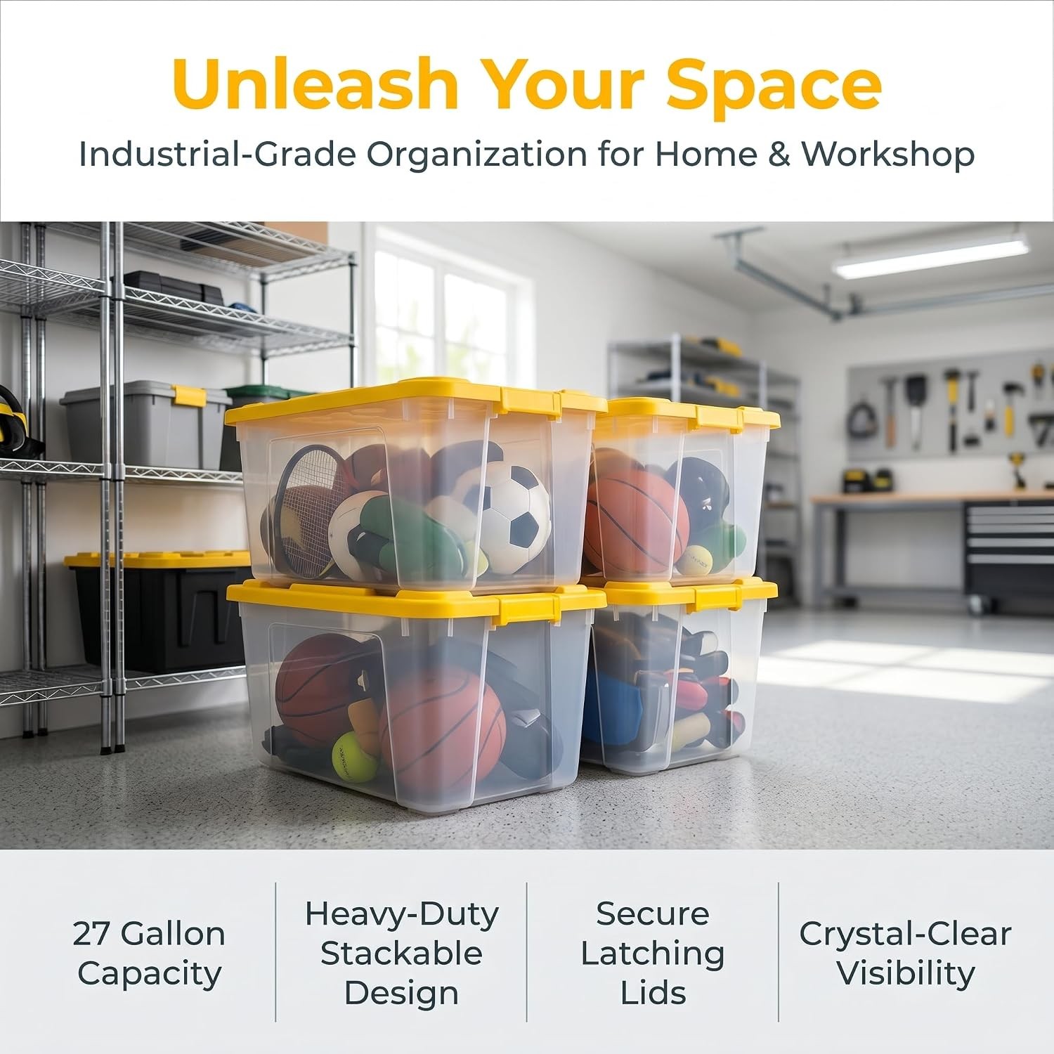 Large Industrial Storage Bins with Lids, 27 Gallon Clear Plastic Tote for…