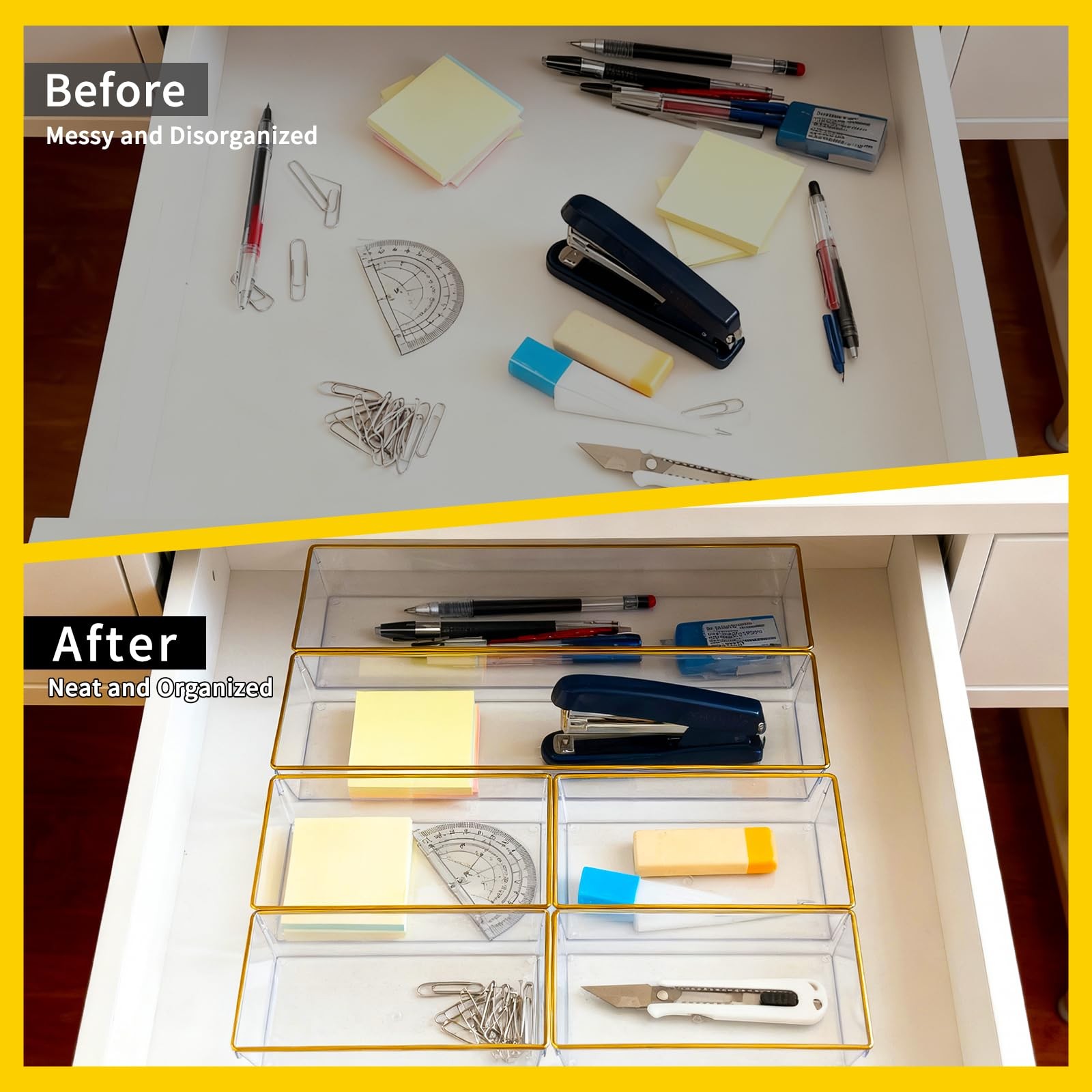 6 Pack Large Size Clear Stackable Drawer Organizer Trays, Gold 6 PACK,