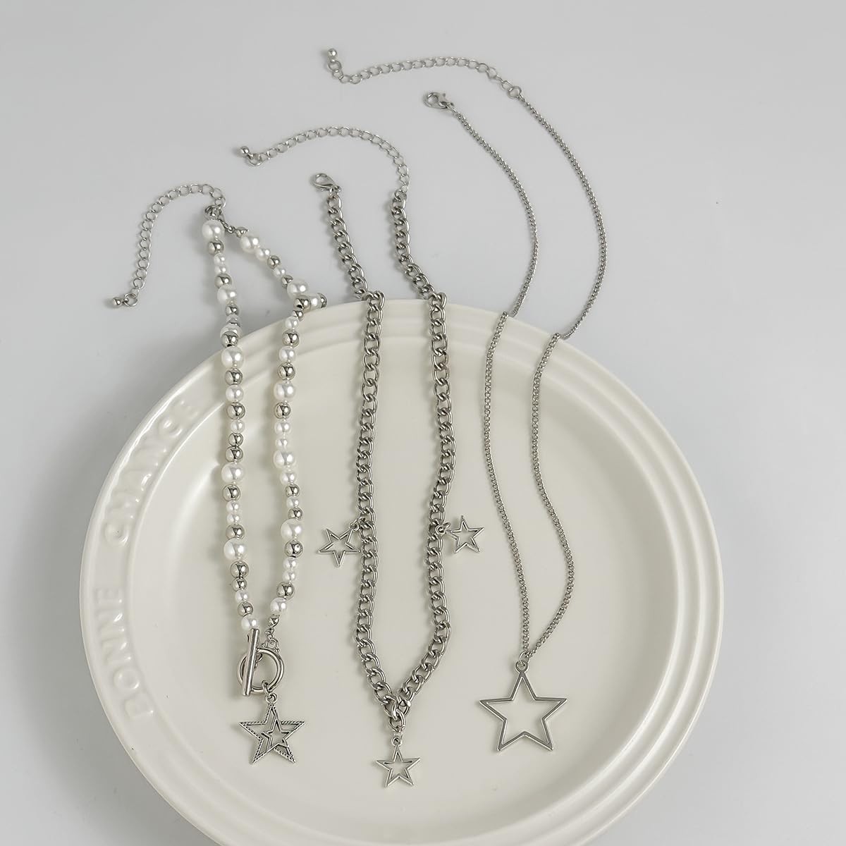 Inactwin Star Y2k Silver Necklace Grunge Layered 15.7 inches, 3pc -2