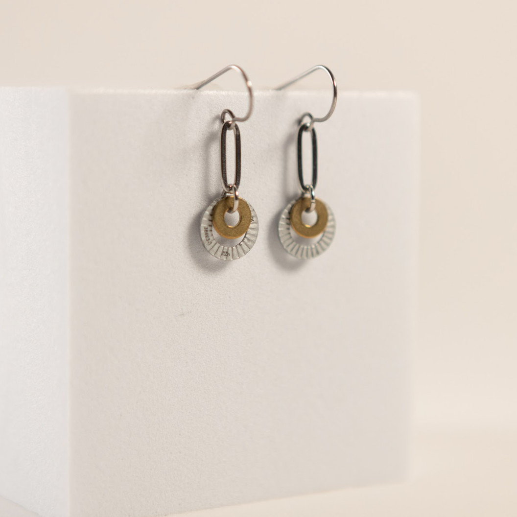 Rise Earrings | Repurposed Automotive Brass & Lock Washers | Stainless Steel Ear