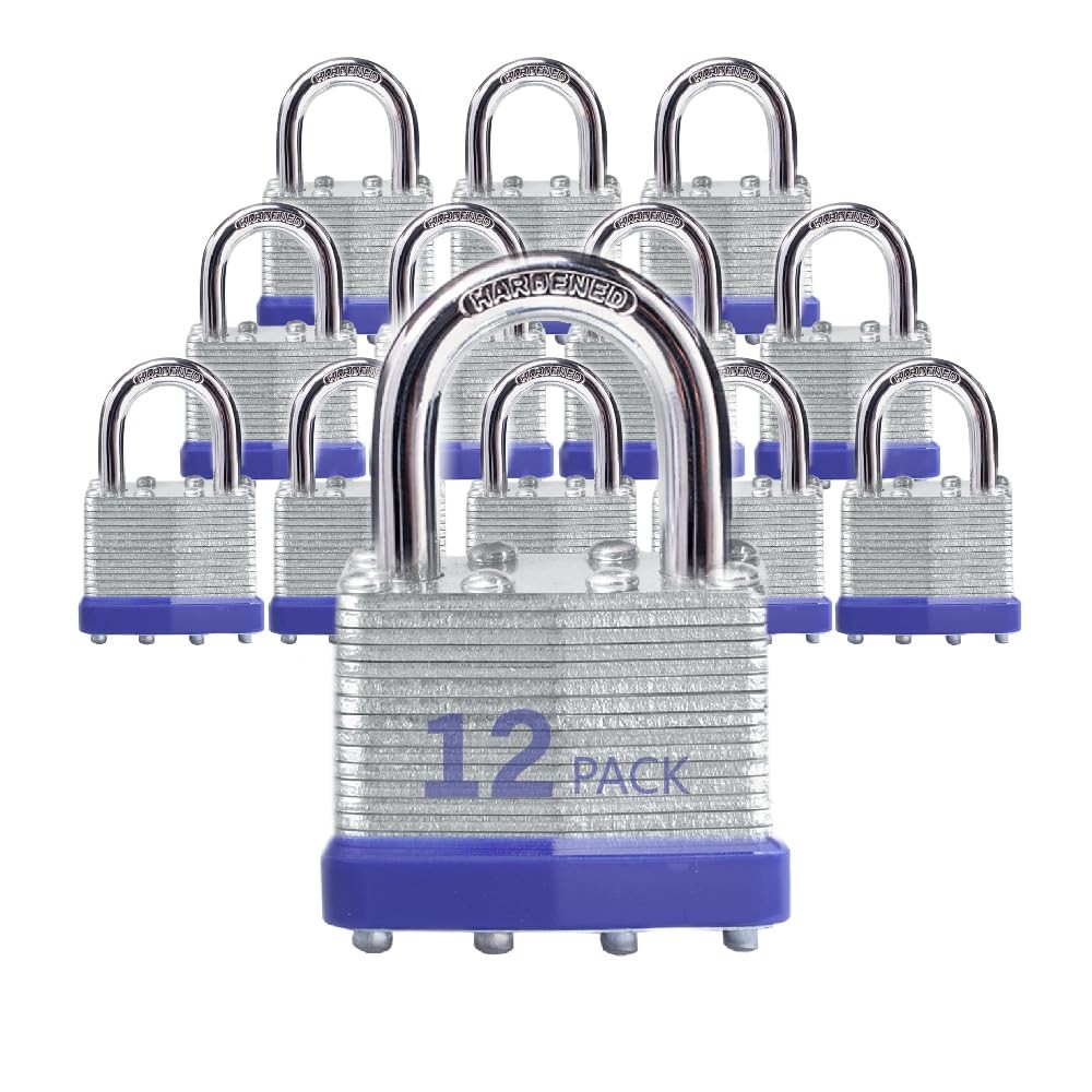 12 Pack Laminated Steel Keyed Padlocks Same Key Normal Shackle Outdoor