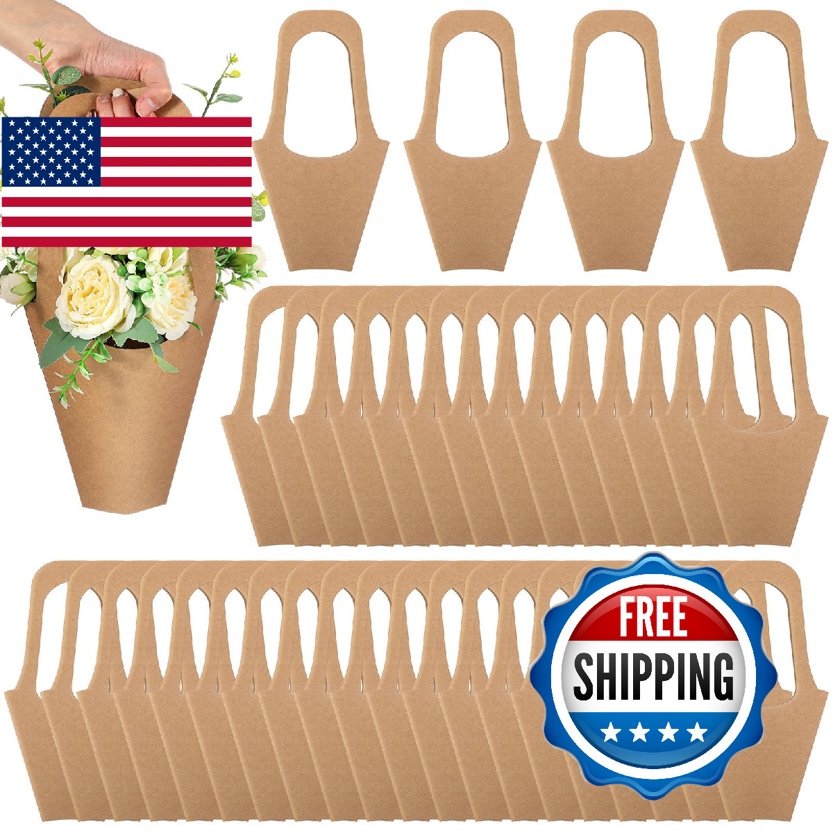 Gilprop 100 Packs Kraft Paper Flowers Gift Bags with Handle Flowers Bouquet Hold
