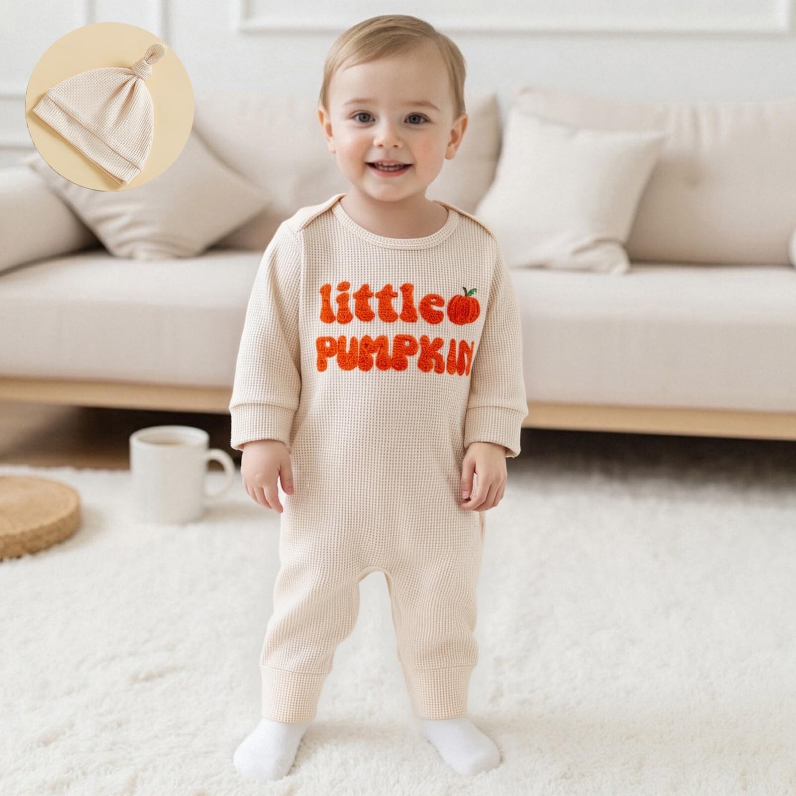 Karuedoo Newborn Baby Boy Halloween Outfit Little Pumpkin 0-3 Months, Apricot
