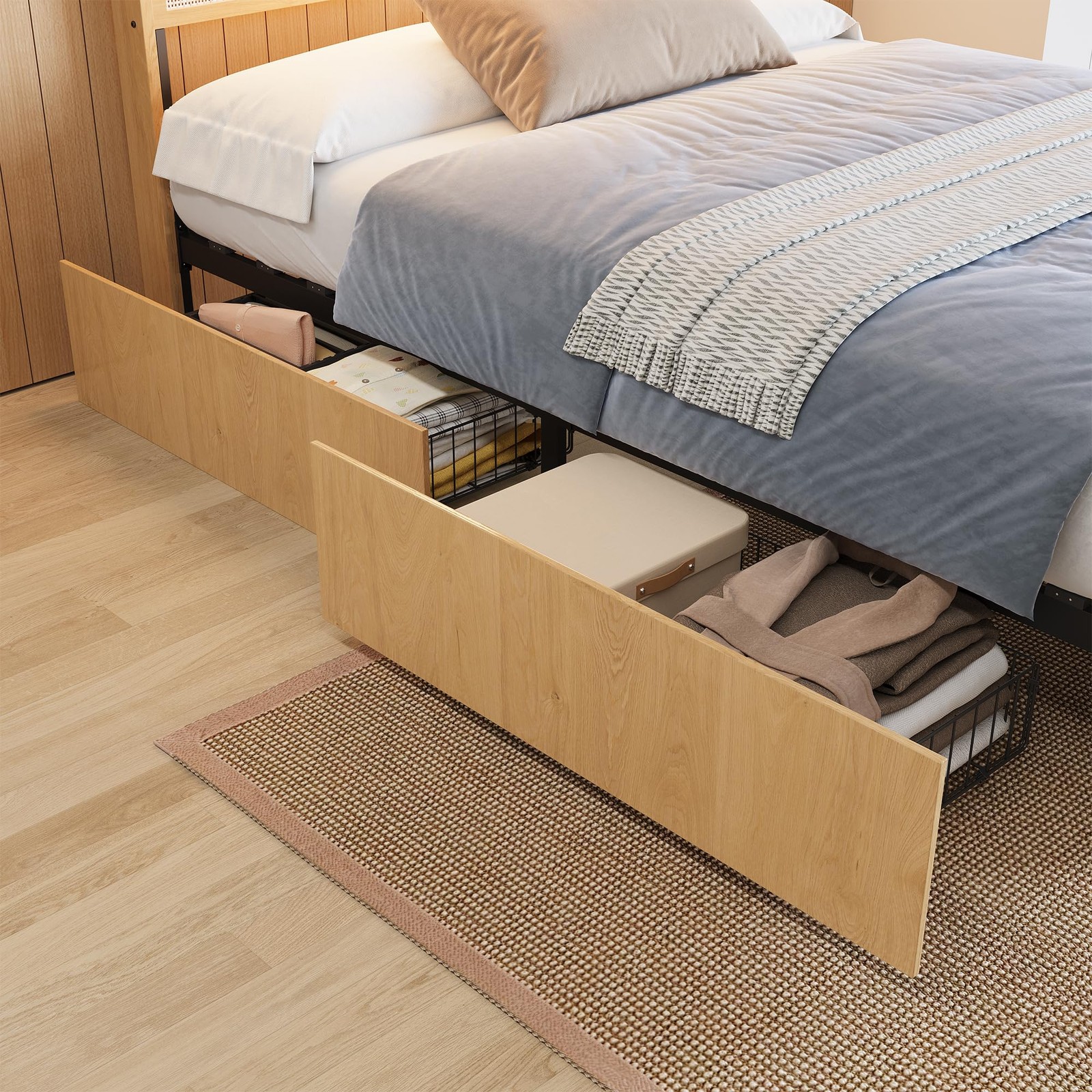Garvee Queen Size Rattan Bed Frame with 4 Drawers, Queen(4 Drawers), Oak