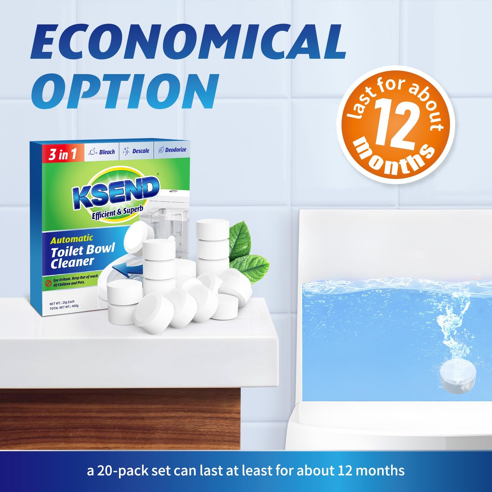 Ksend Toilet Bowl Cleaner Tablets – 20 PCS 1 Count (Pack of 20), White